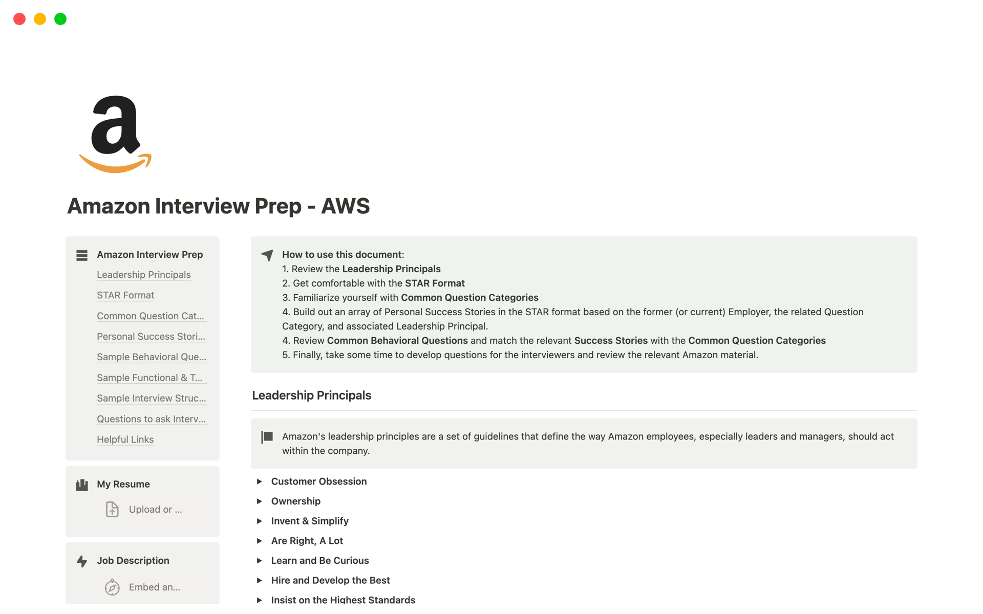 Amazon Interview Prep - AWS | Notion Template