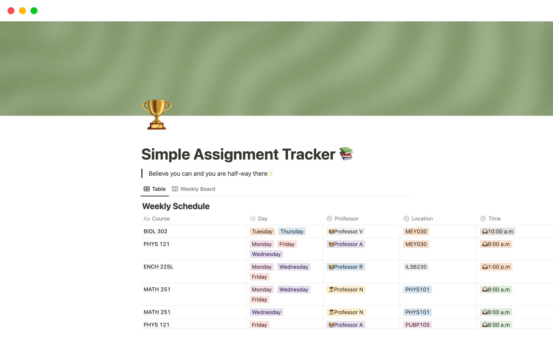 homework tracker notion