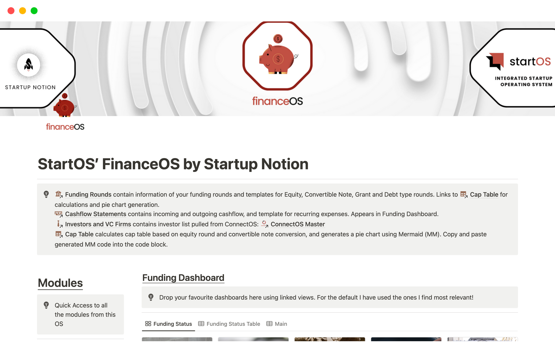 En forhåndsvisning av mal for StartOS’ FinanceOS by Startup Notion