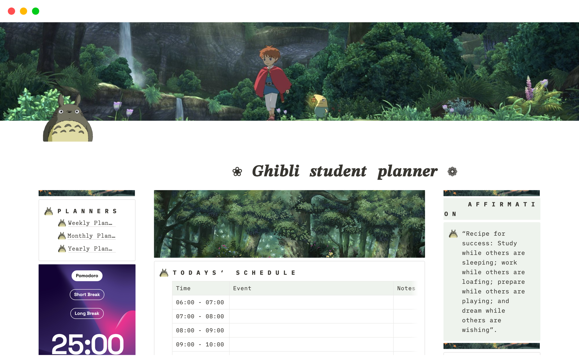 Studio Ghibli Student Planner Notion Template