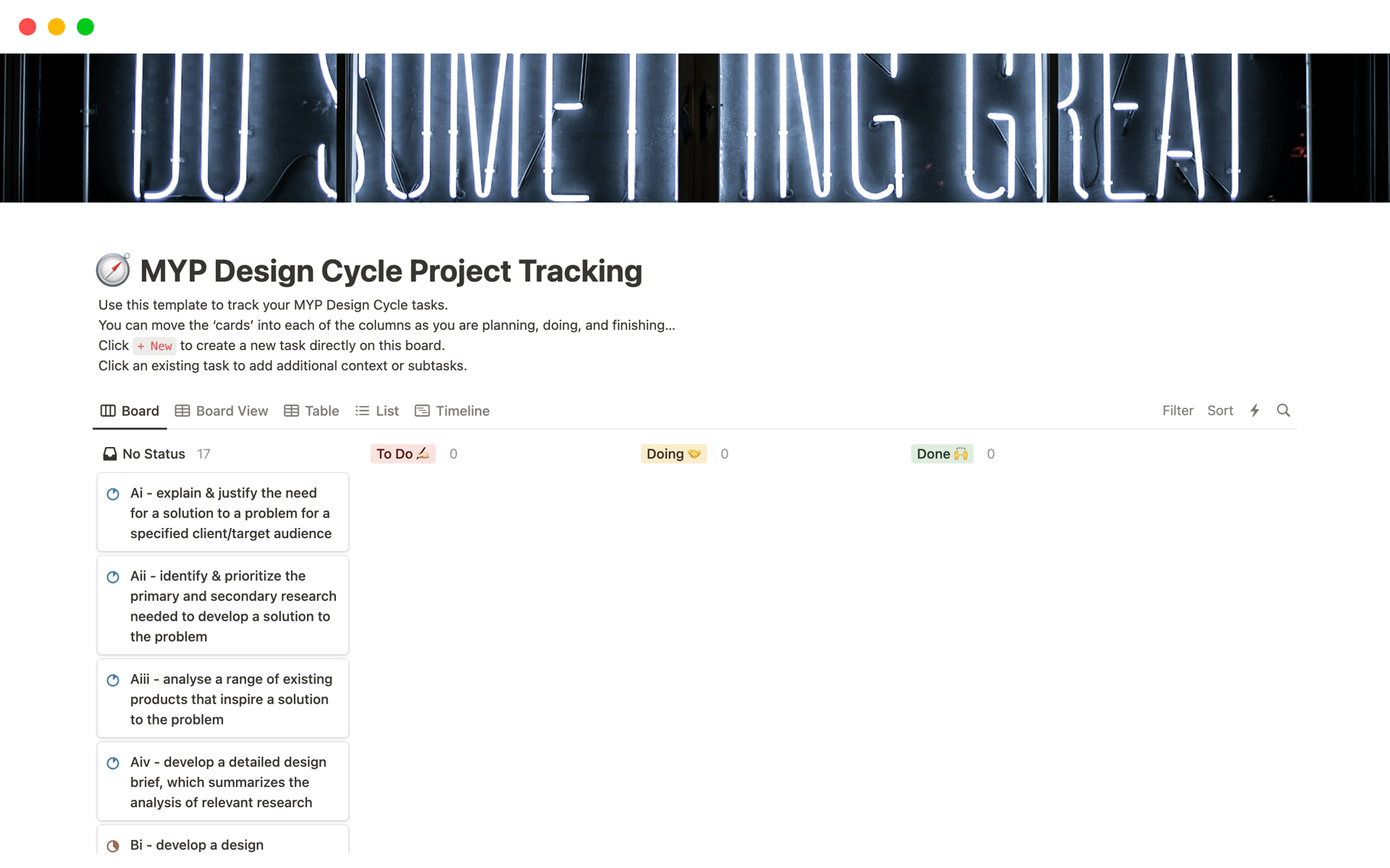 En forhåndsvisning av mal for MYP Design Cycle Project Tracking (Kanban Style)