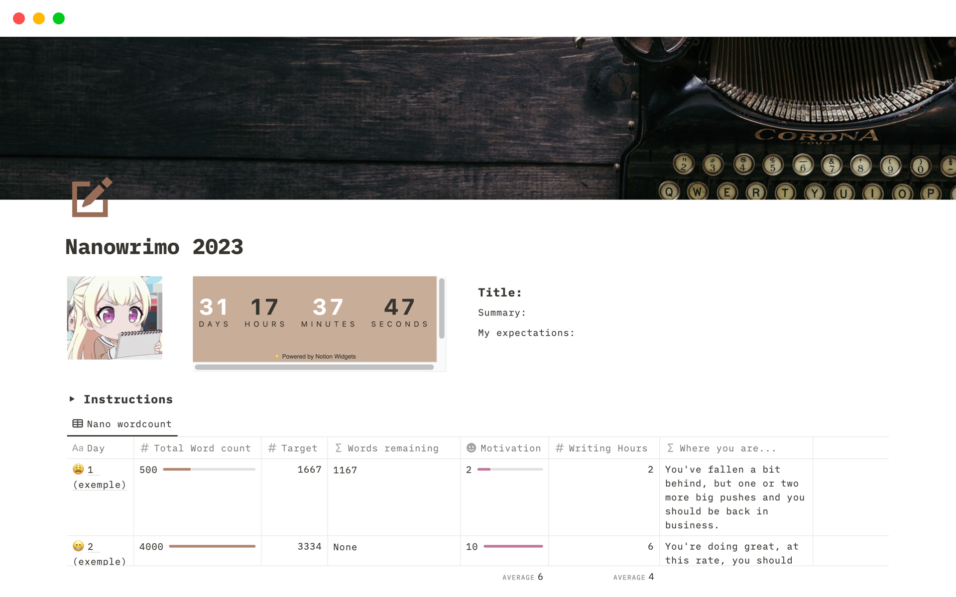 Nanowrimo 2023 Notion Template