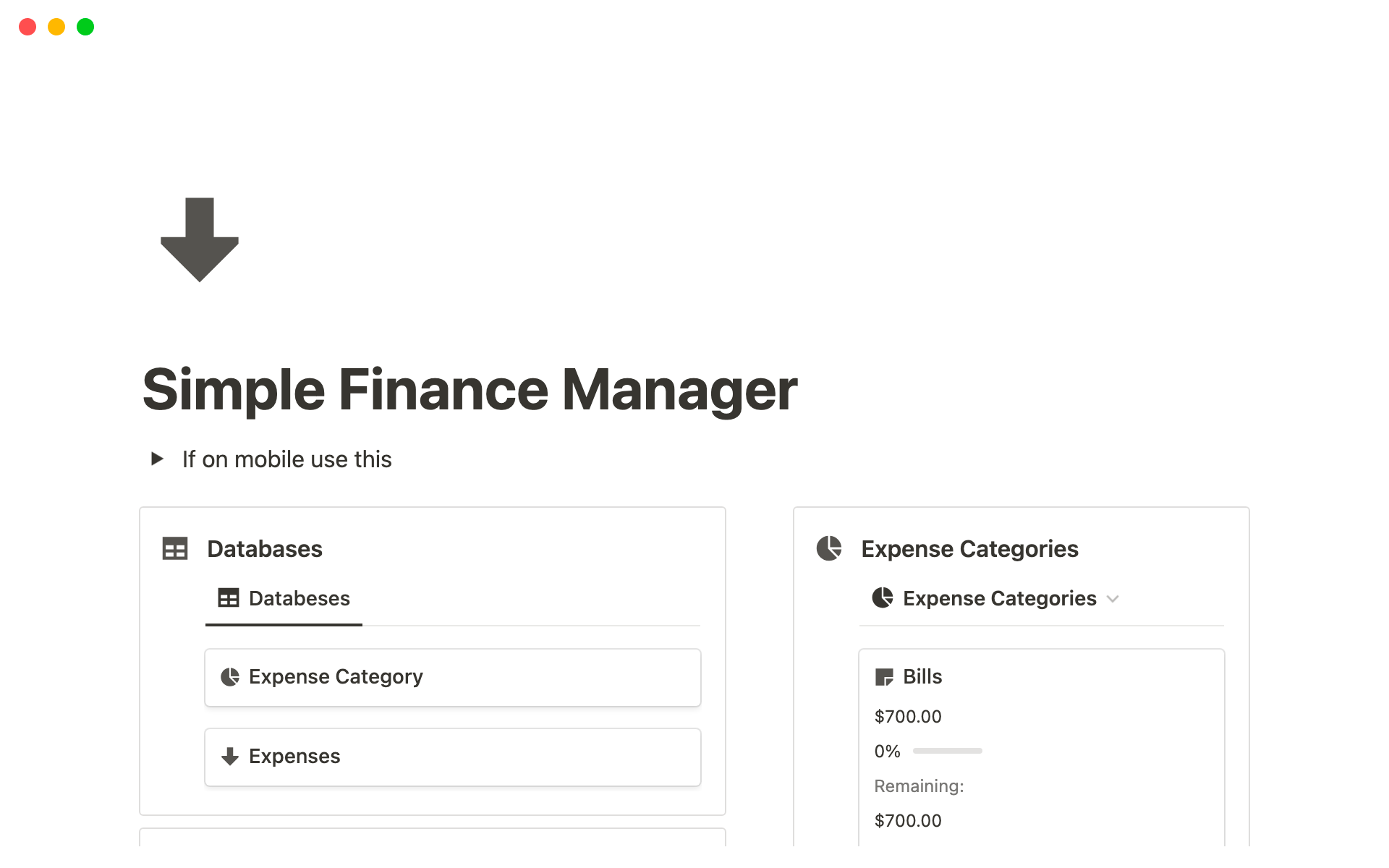 Vista previa de una plantilla para Simple Finance Tracker