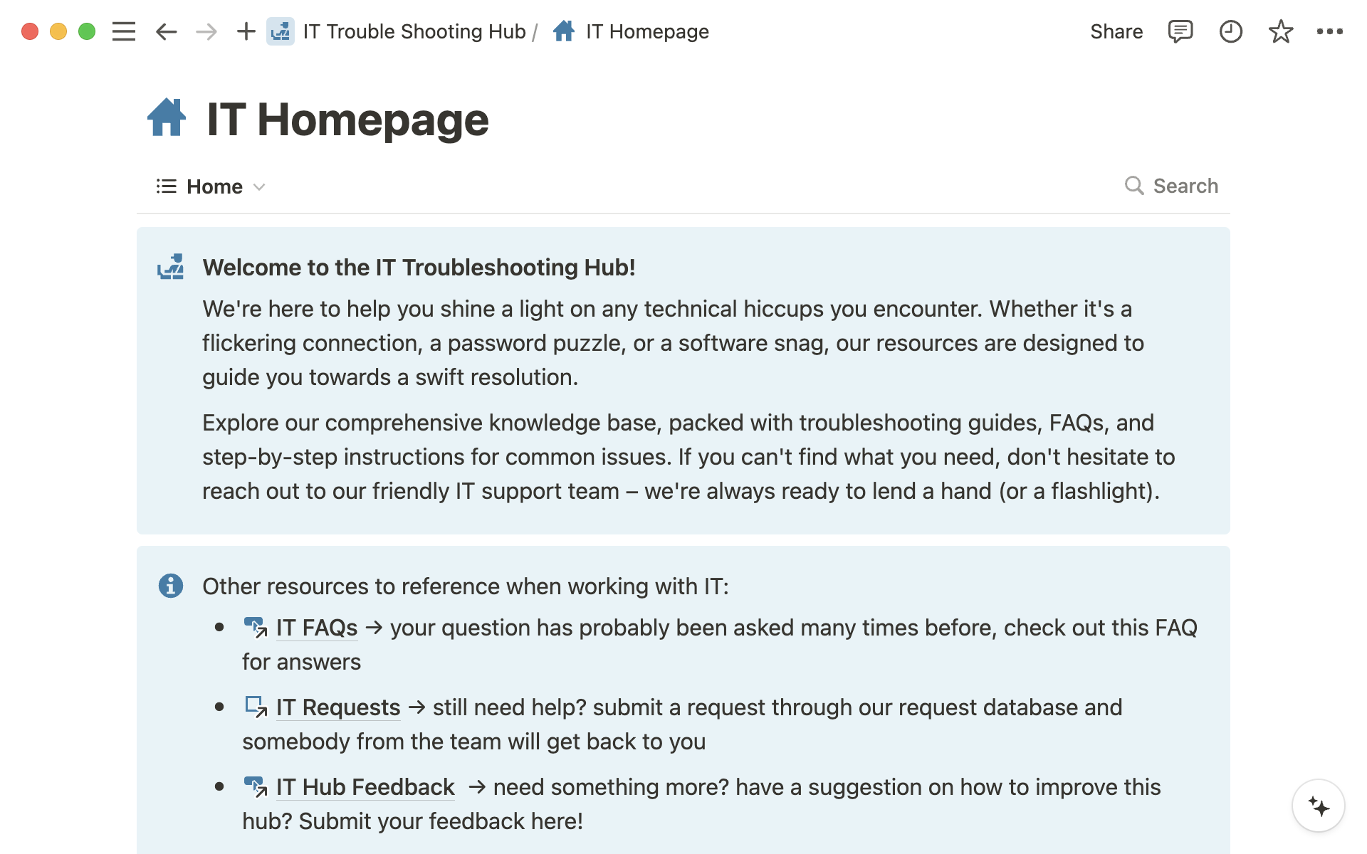 The top-level page in your knowledge hub sets the tone for what your end-users will find inside, and doubles as a wiki.