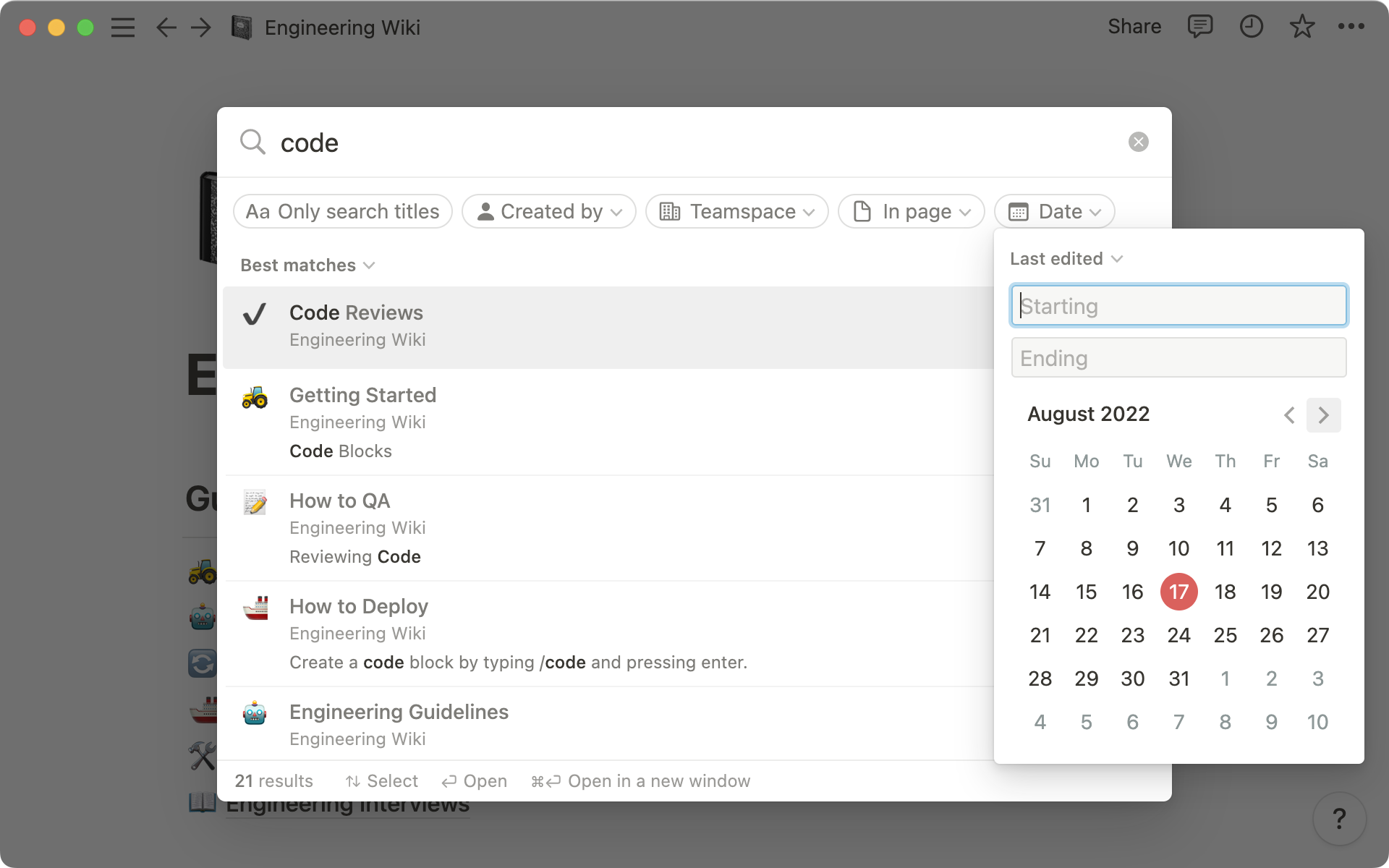 A screenshot of Notion's new search window, showing the ability to filter by creation date.