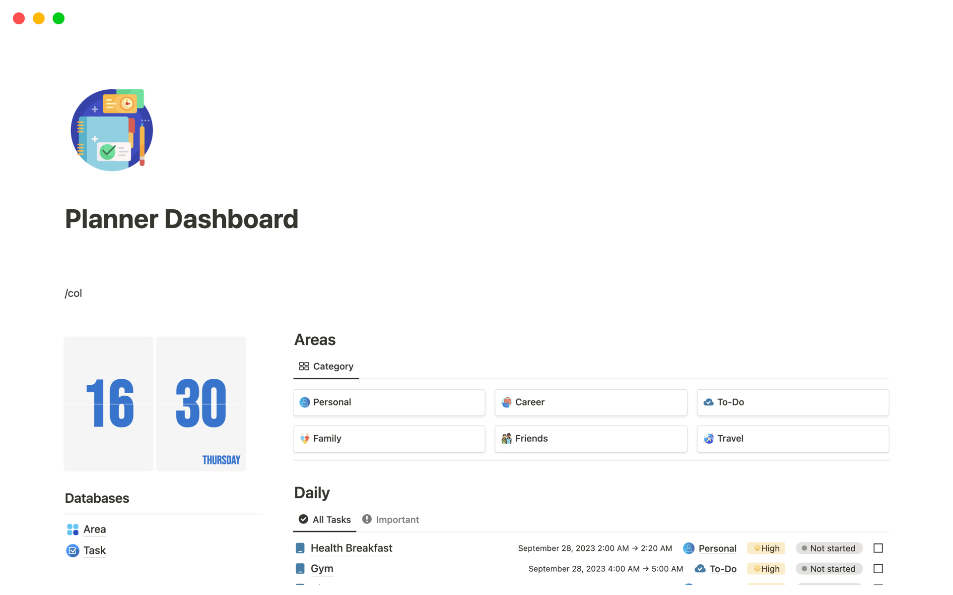 Planner Dashboard | Notion Template