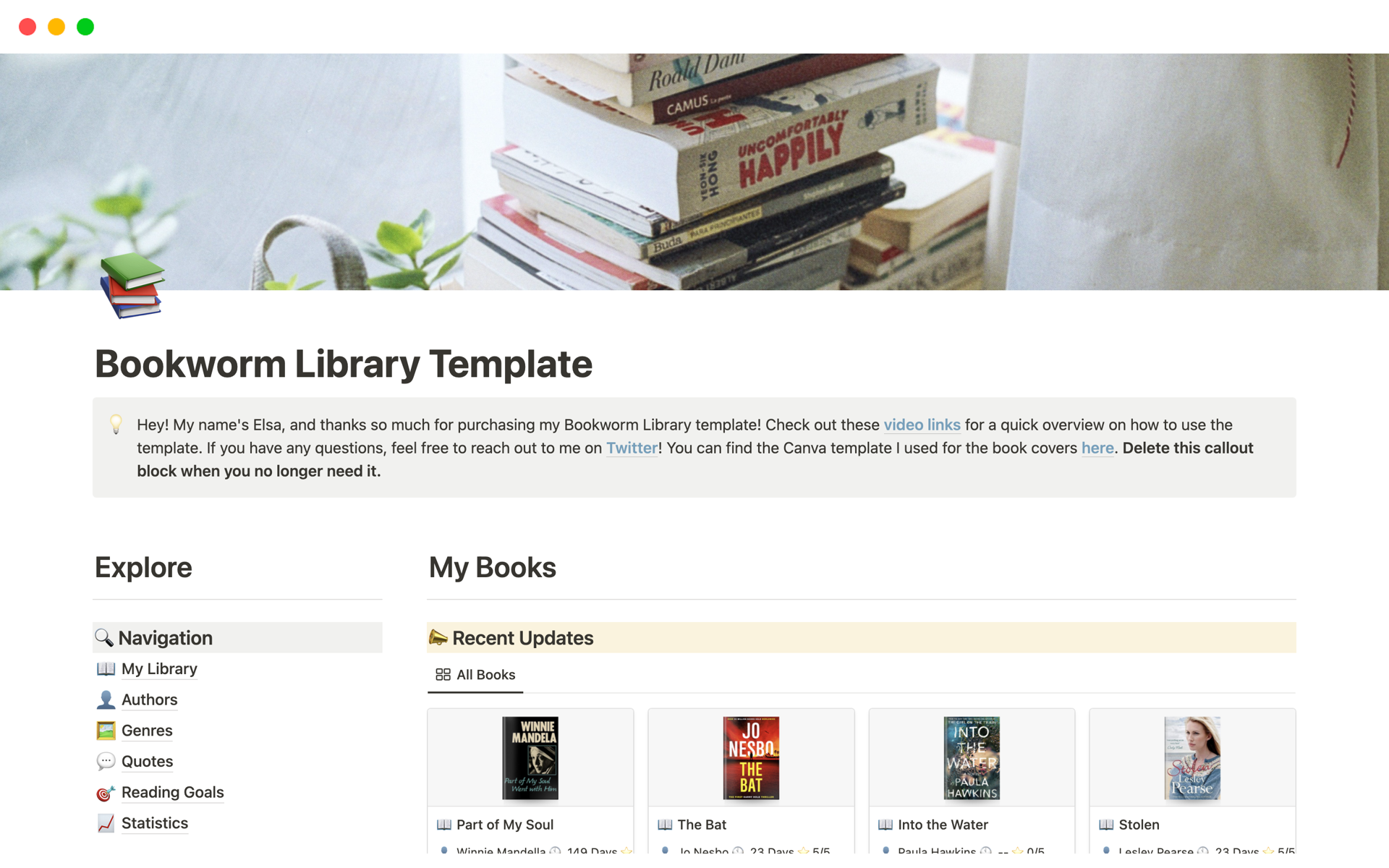 Bookworm Library Notion Template