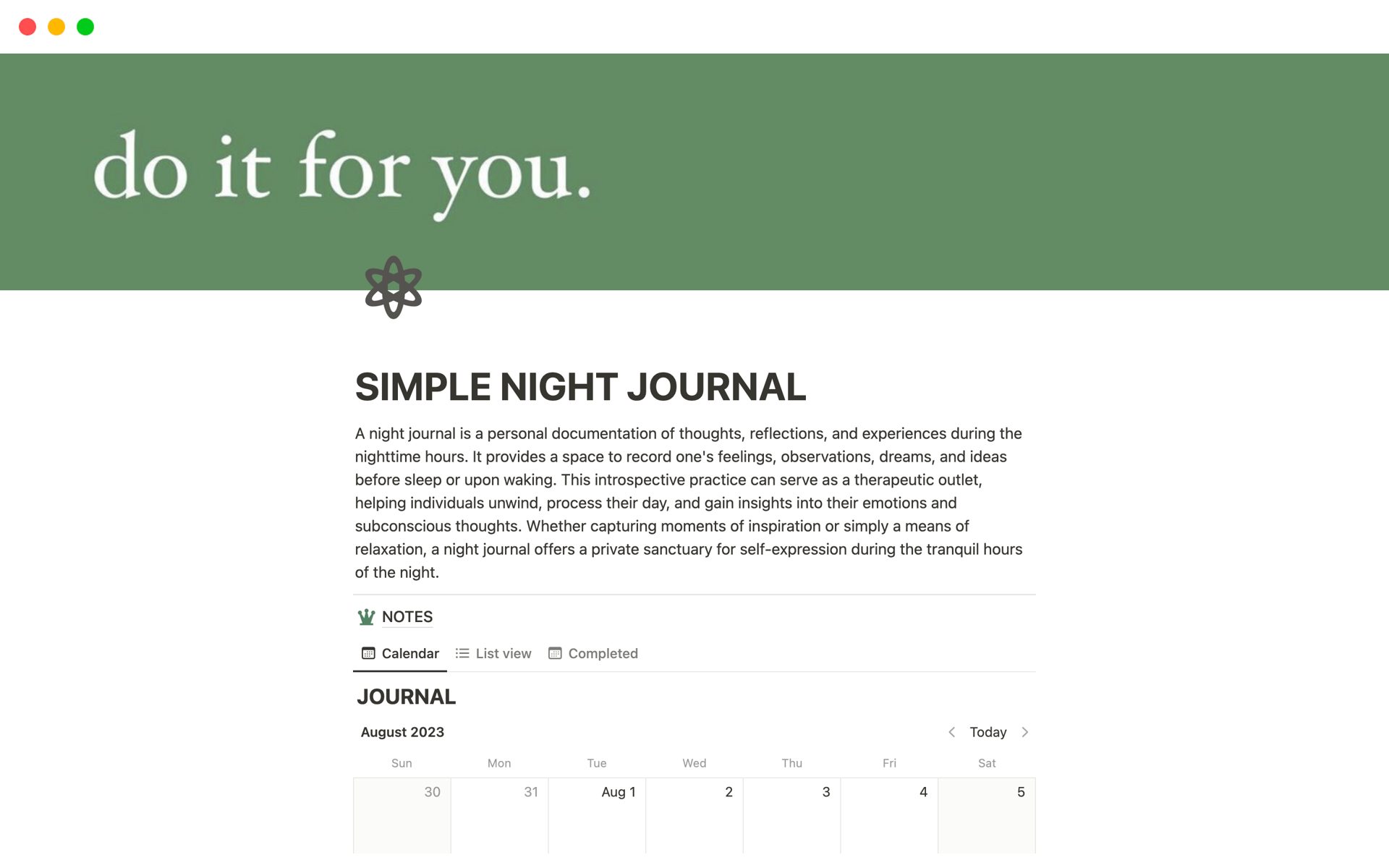 SIMPLE NIGHT JOURNAL Notion Template