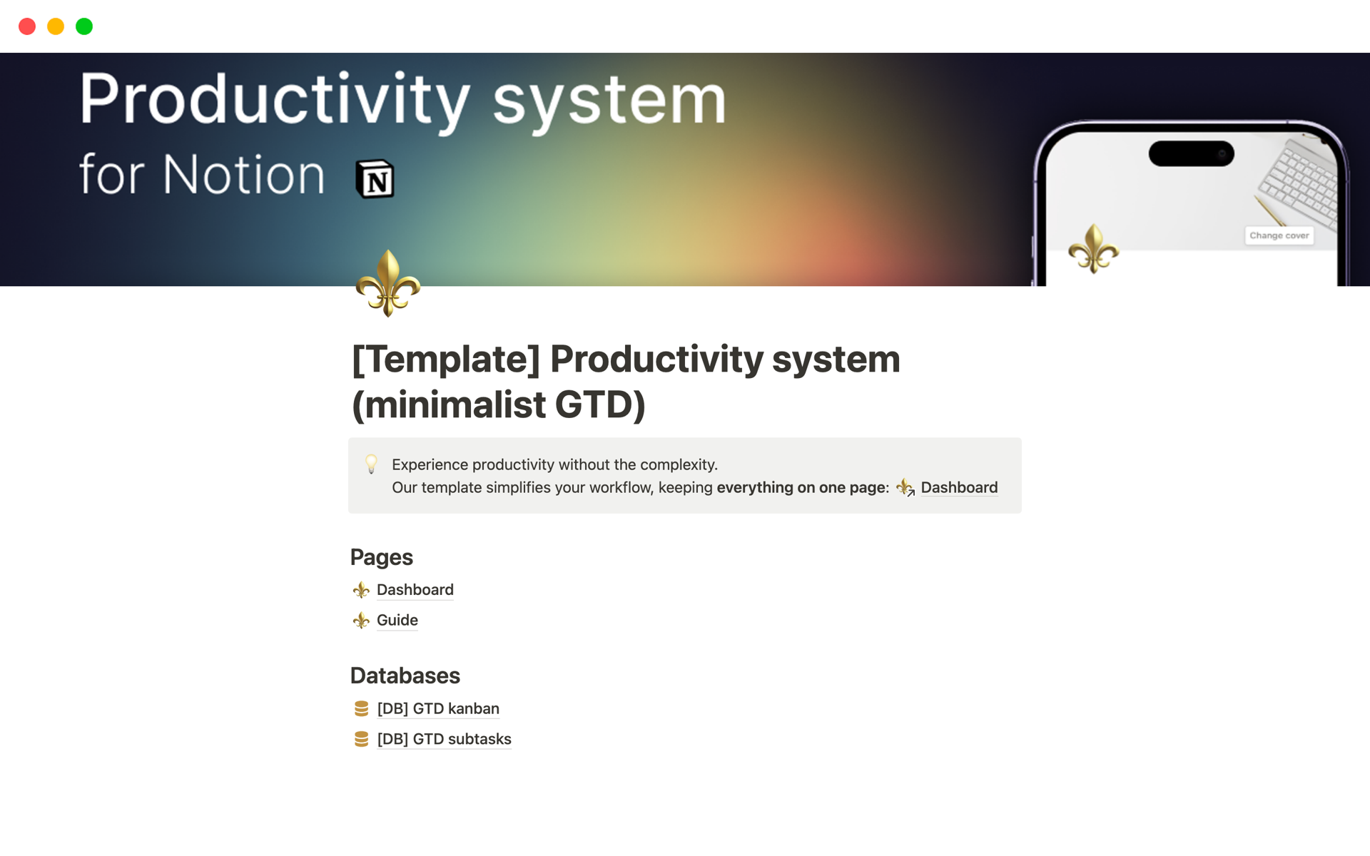 En förhandsgranskning av mallen för Productivity system (minimalist GTD)