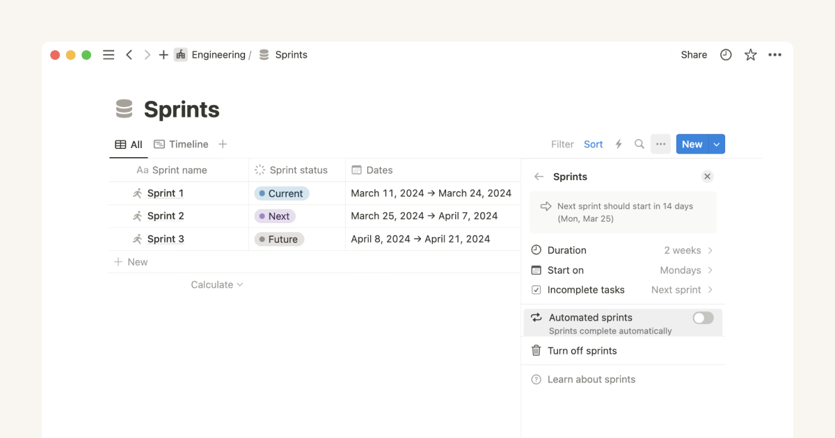 Sprints, simplified with Notion’s sprint tracking system