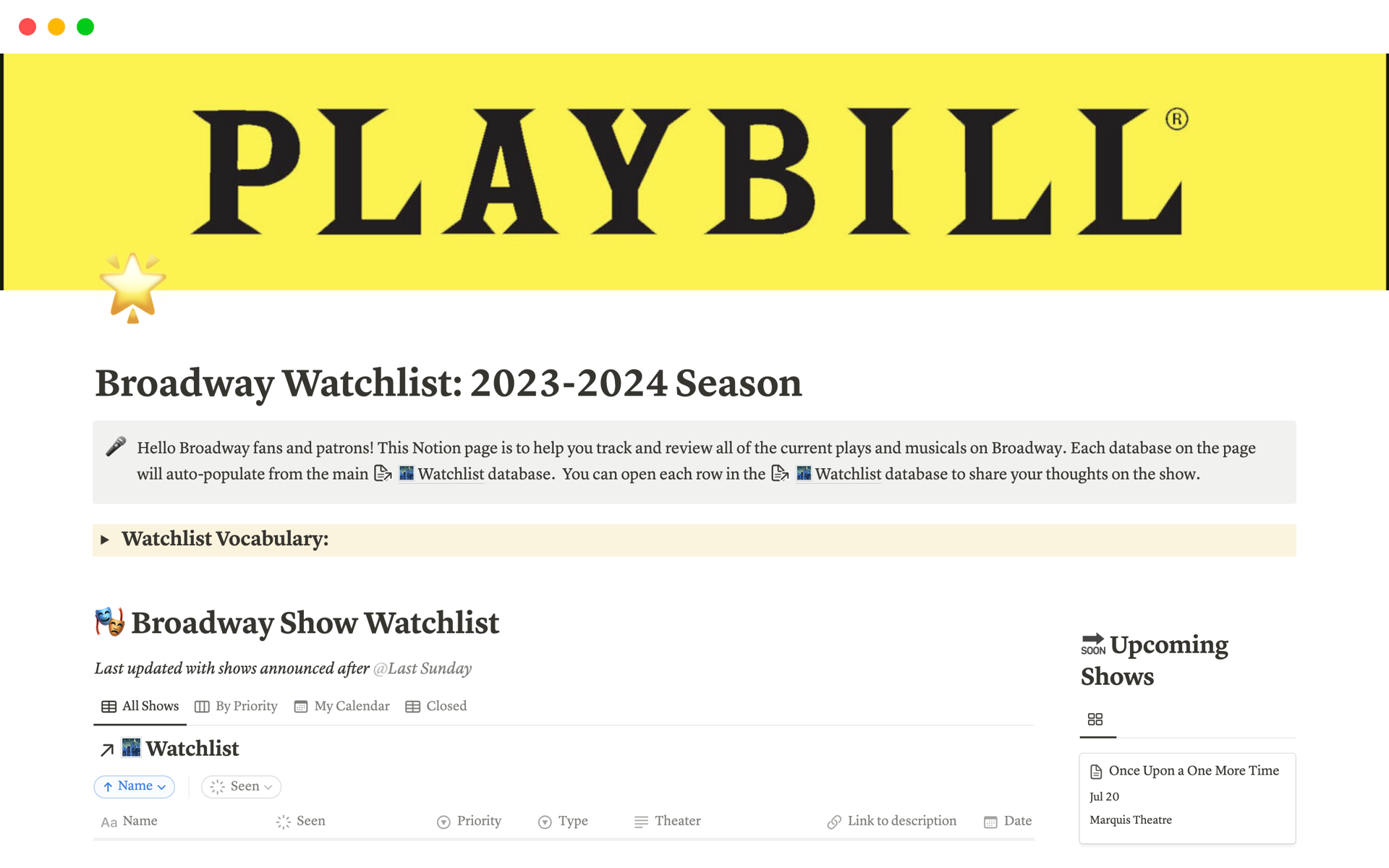 Broadway Watchlist 20232024 Season Notion Template