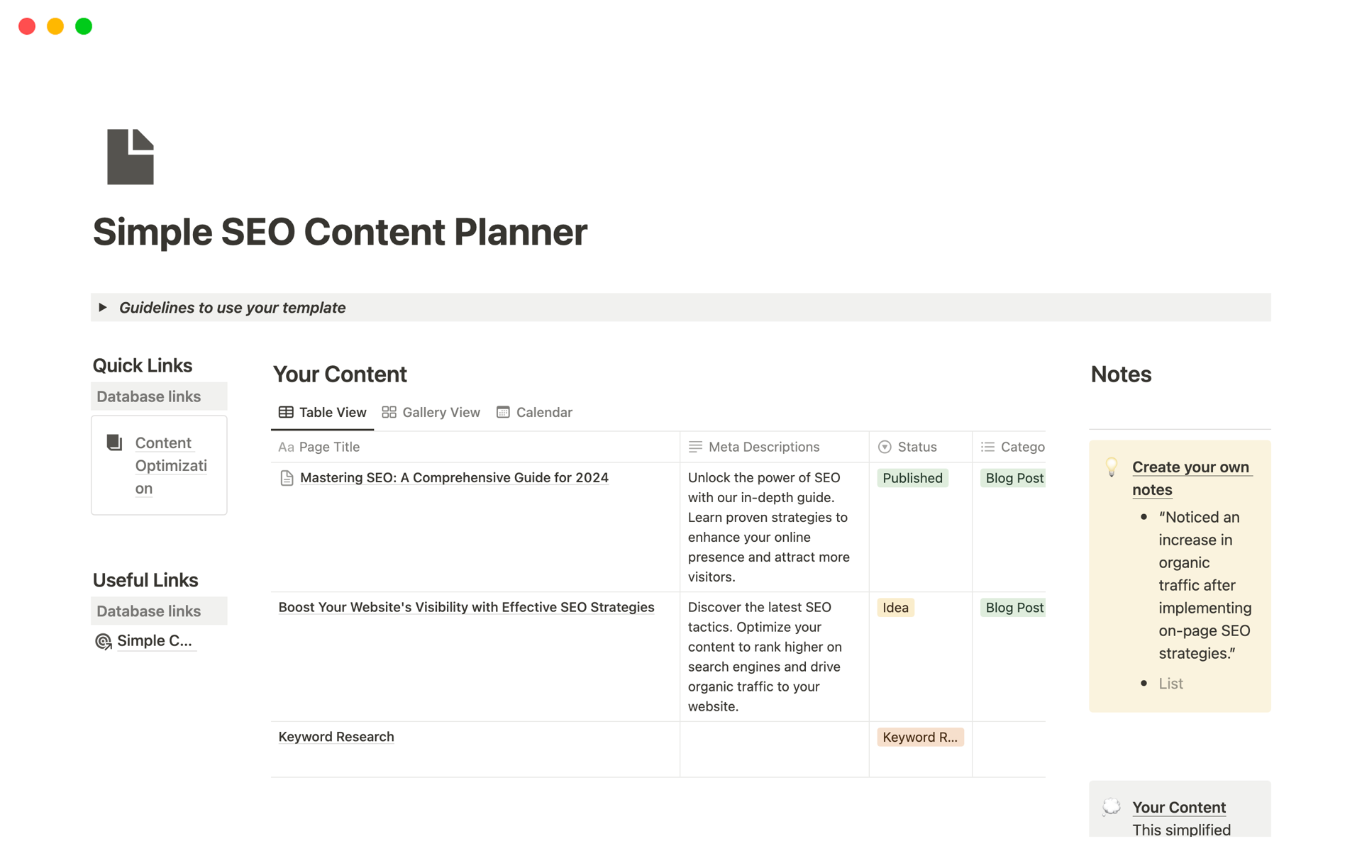 Simple SEO Content Planner | Notion Template