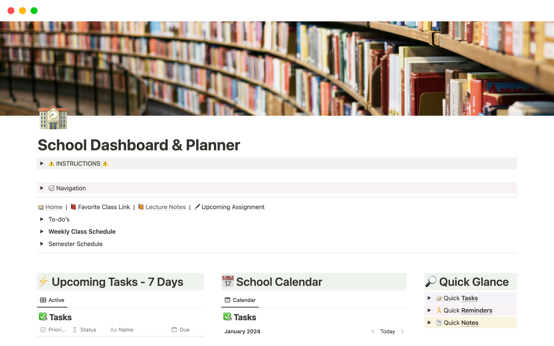 En förhandsgranskning av mallen för School Dashboard & Planner