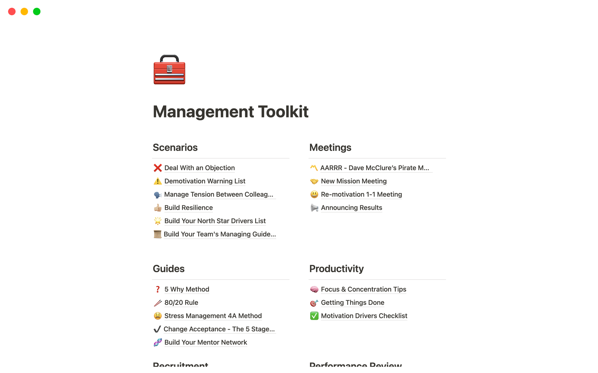 A template preview for Management Toolkit