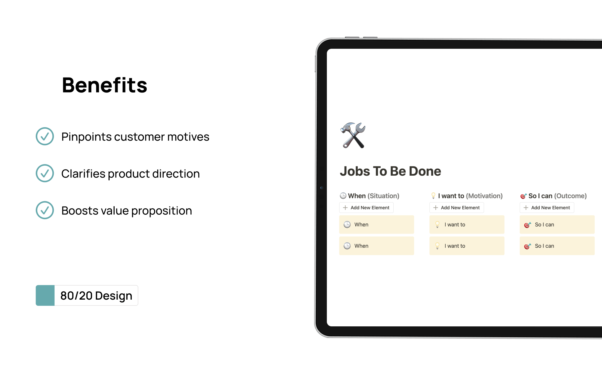 Refine your product strategy with "🔍 Jobs To Be Done" by 80/20 Design. Uncover core customer needs for precise value creation. Part of our 'Product Manual' series, it's a must-have for startups. Visit www.8020d.com for more resources 🌟.