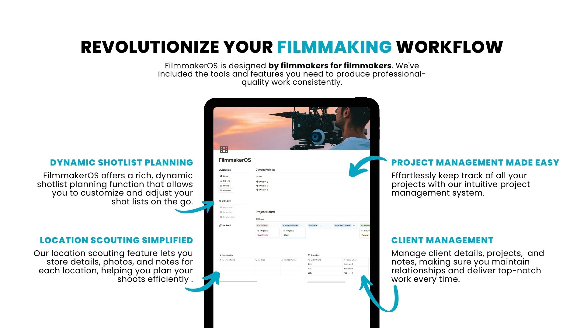 Are you a videographer or filmmaker looking to streamline your projects, manage clients, and scout locations more effectively? Meet FilmmakerOS—the ultimate Notion template designed to elevate your filmmaking workflow and boost your productivity.