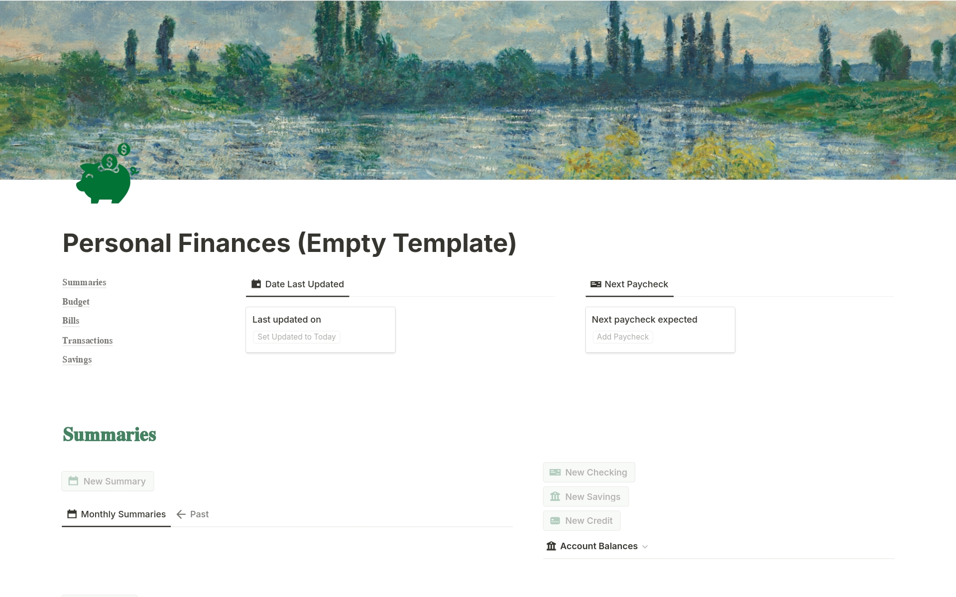 A feature-filled, highly customizable template for managing all things personal finance. It includes tables and formulas for monthly spending summaries, managing all types of transactions, budgeting, tracking recurring bills, savings goals, and more!