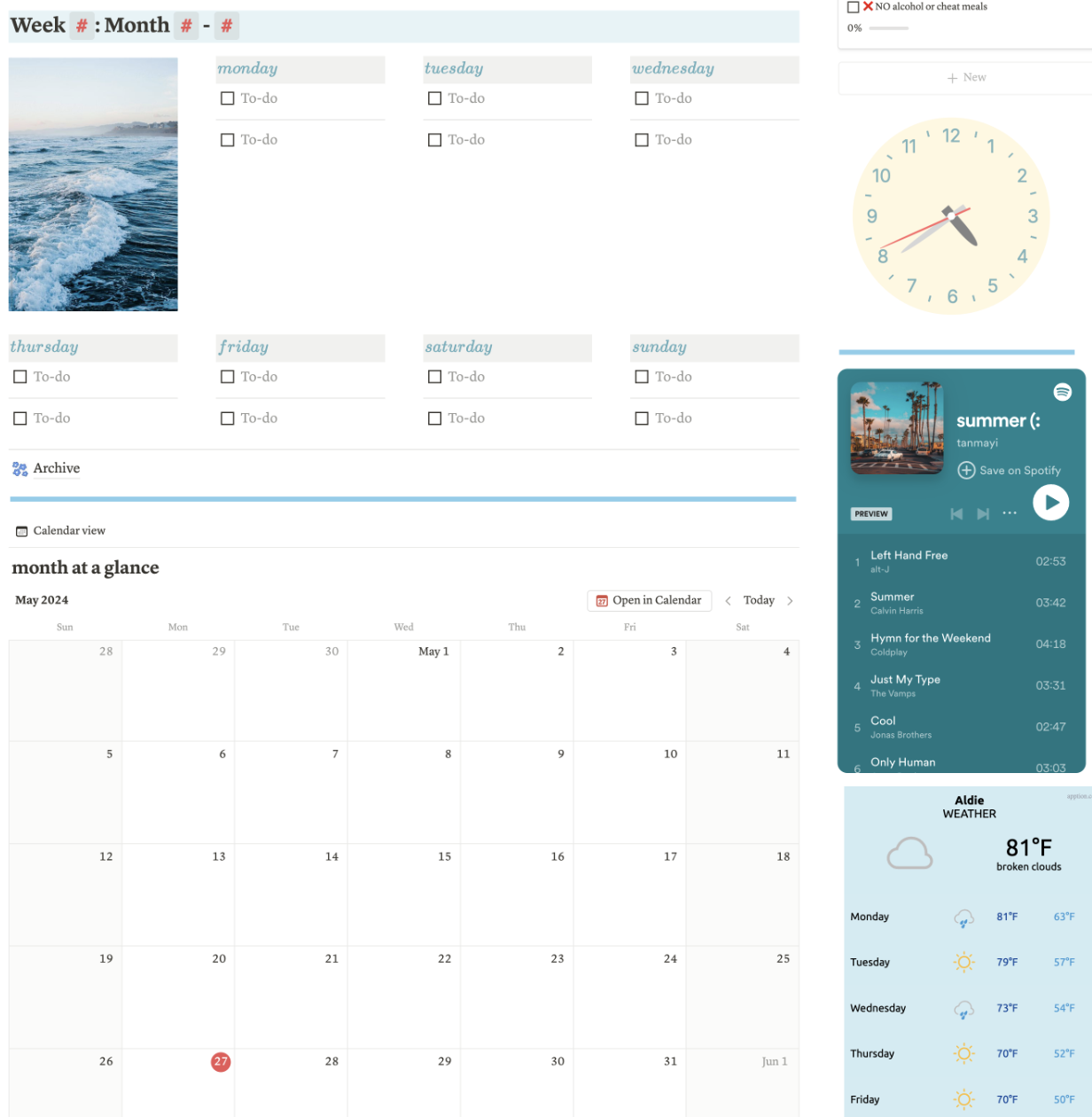 Check out this aesthetic, beachy notion dashboard for all your common needs. Weekly planner and templates included, and more pages can be added -- lots of different color tones to play with! You'll get a weekly planner, 75 hard dashboard, meal planner, book tracker + more!