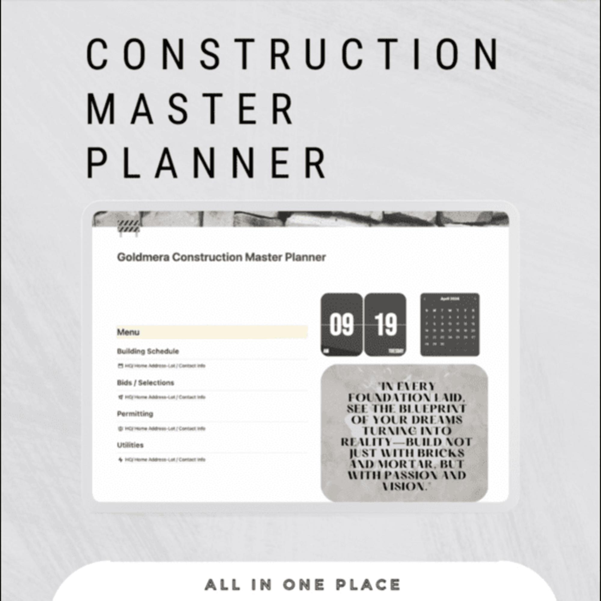 Hey there! 🥳 You've just landed yourself in front of the ultimate Construction Master Planner template. This temple stems from my experience building track homes with Lennar to local luxury homes.