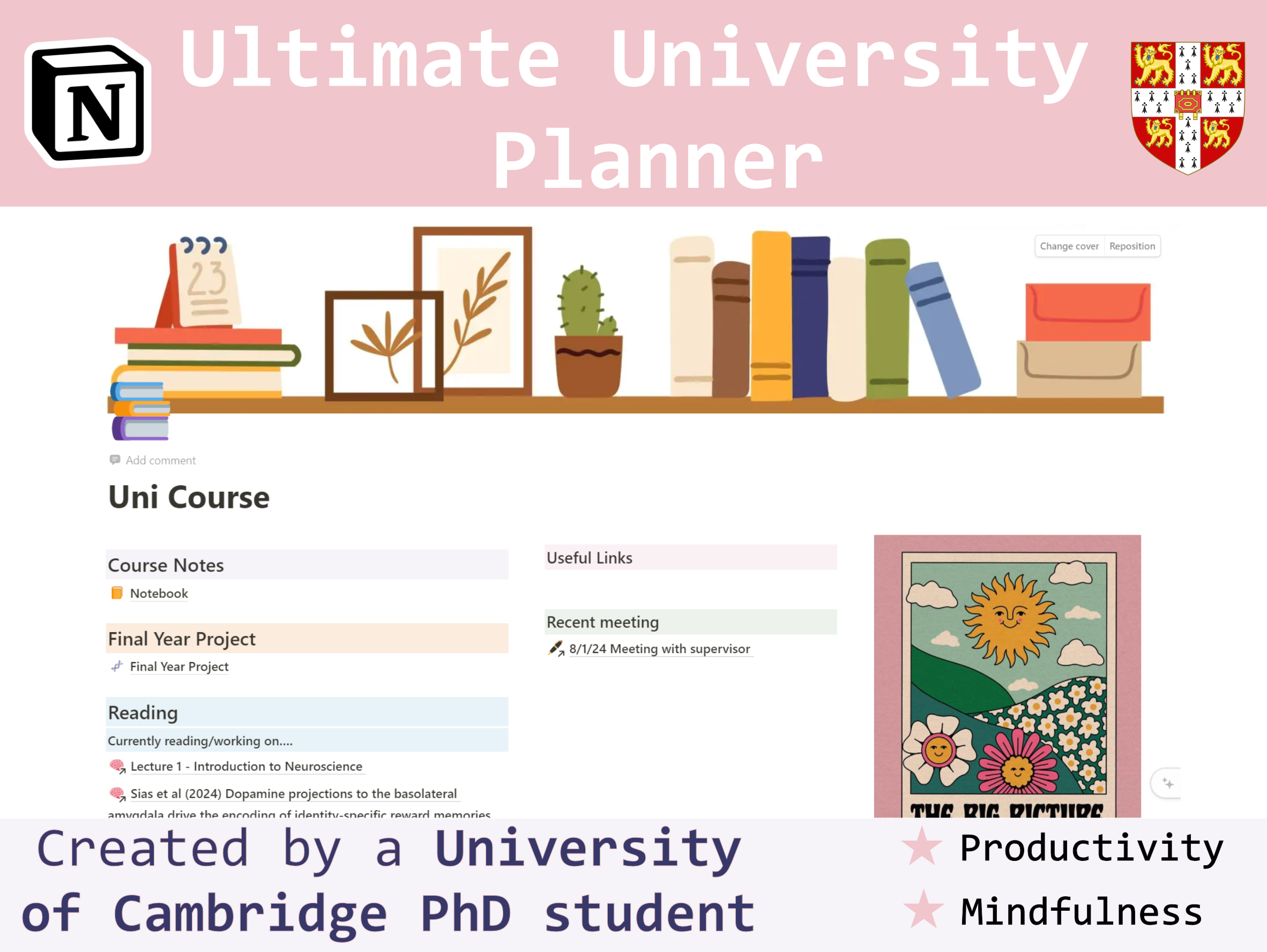 The Ultimate University Planner helps a busy university student to stay motivated, productive and organised! Set goals, centralise your reading & achieve academic success with this ready-to-go Notion template. 