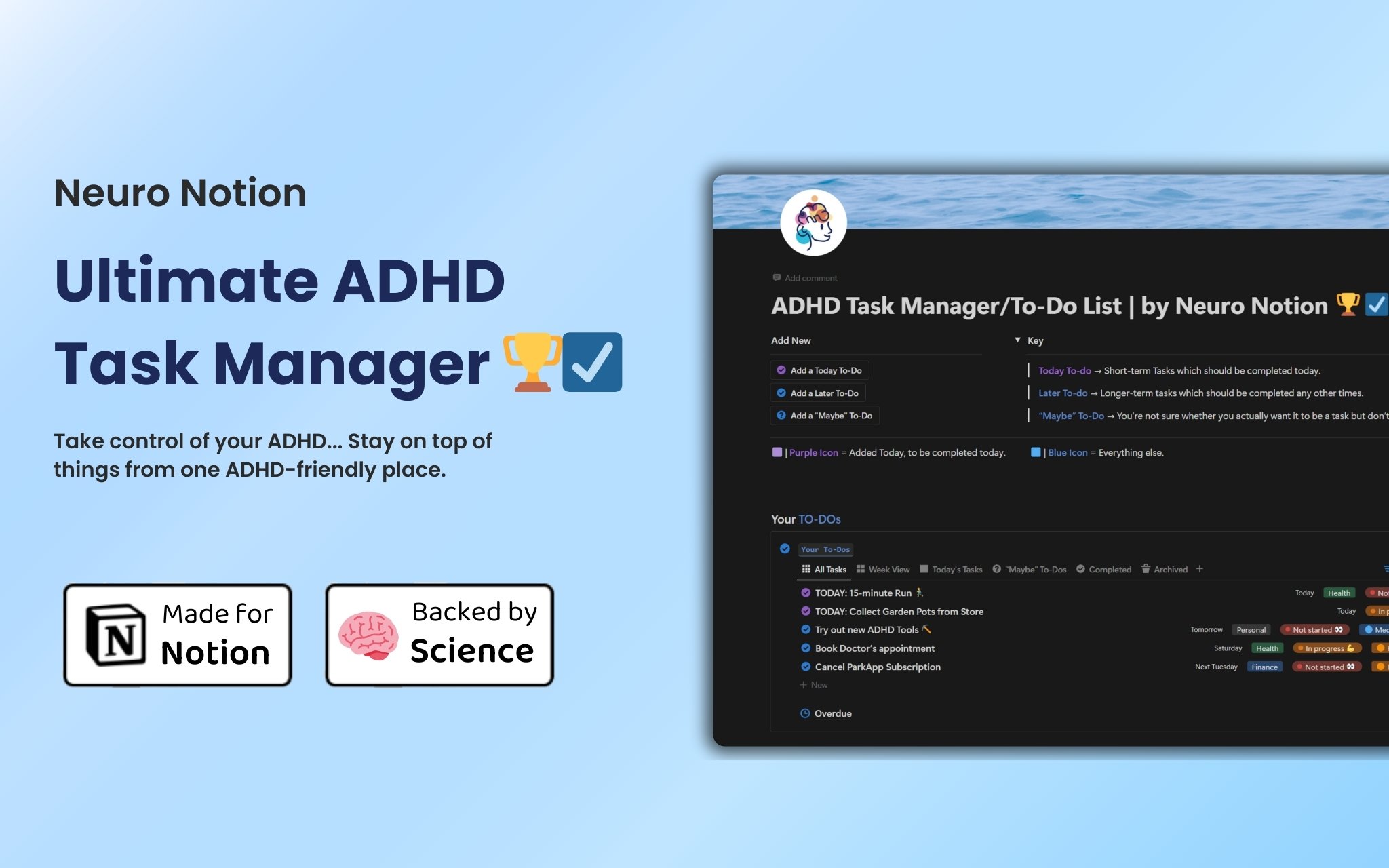 Neuro Notion's ADHD Task Manager / To-Do List is the first Task Manager built around and scientifically designed specifically for the ADHD brain 🧠