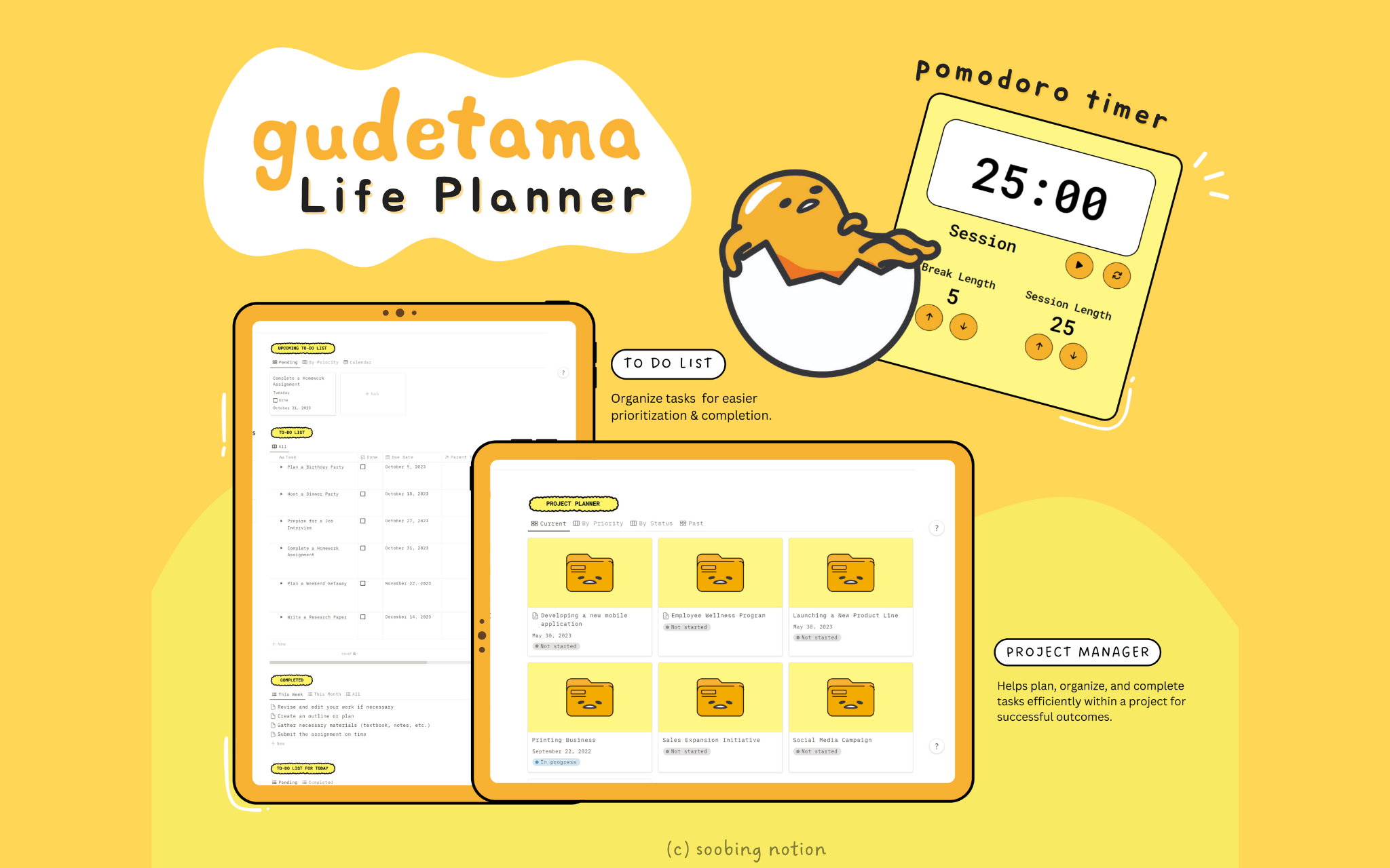 Introducing our G𝚞detama Character Notion Planner 🍳 – inspired by G𝚞detama, a popular Japanese character known for being a lazy egg. But don't worry, you won't be as lazy as G𝚞detama –this adorable character is just here to add its own unique flavor to your planning experienc