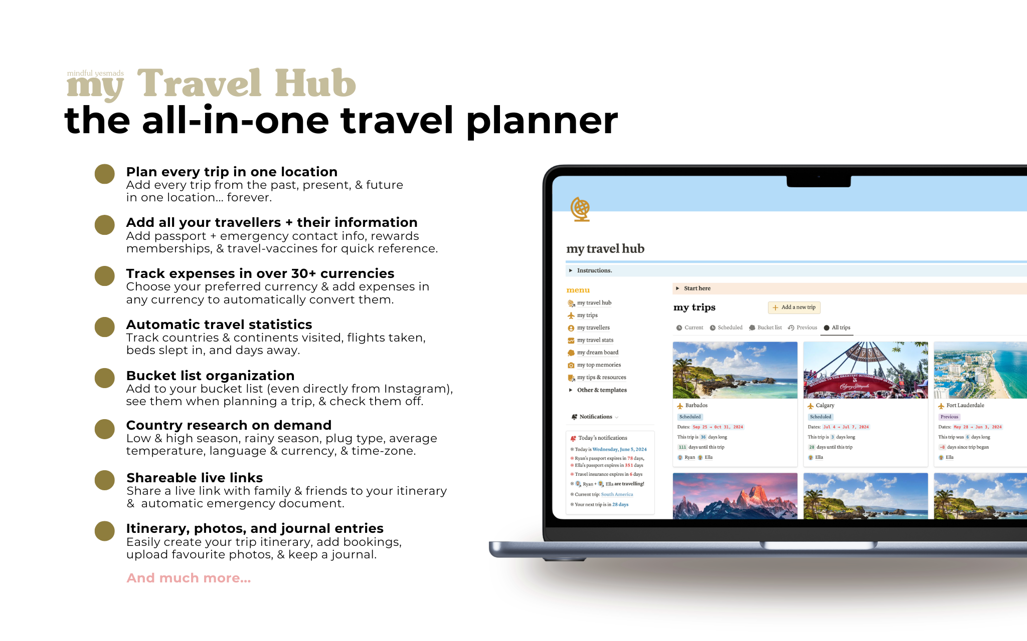 A comprehensive travel planning tool. 
Document every trip for the rest of your life.
Designed with the modern traveler in mind.
Create & update your itinerary on the go.
Track all your expenses in 30+ currencies.
Countless automations.
