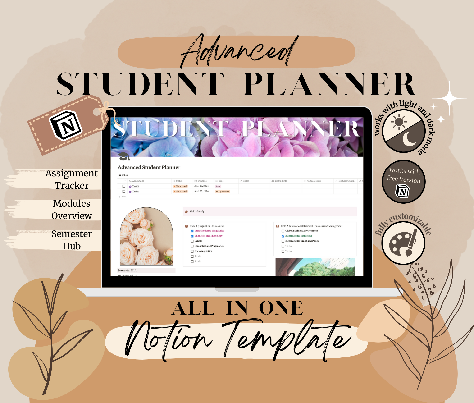 The "Advanced Student Planner" for Notion is designed to organize and enhance students' academic lives, featuring customizable modules for course management, deadlines, and study sessions.