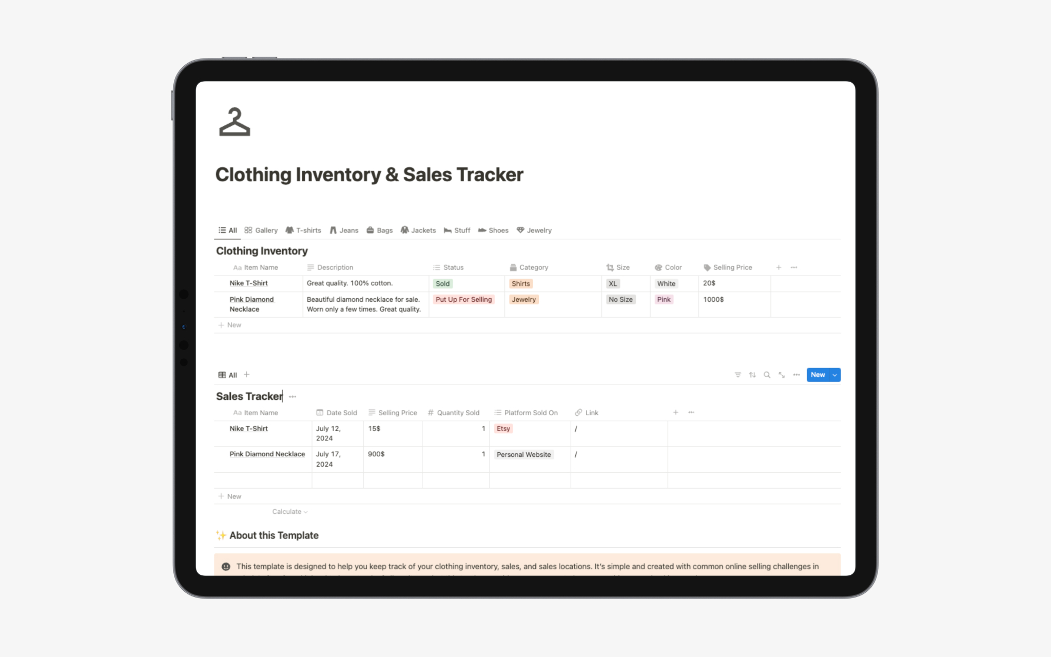 This template is designed to help you keep track of your clothing inventory, sales, and sales locations. It’s simple and created with common online selling challenges in mind. I often found it hard to keep track of all my items, but this tracker provides an easy way to have every