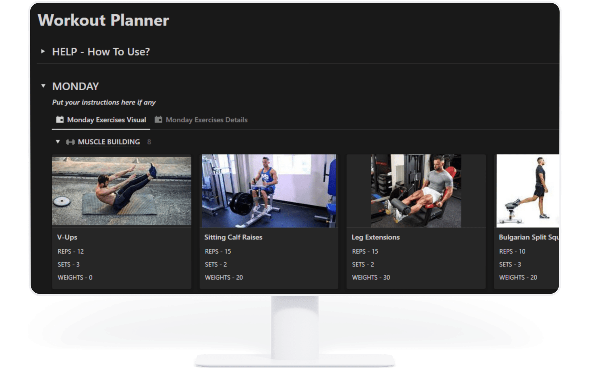 Workout Planner, dive into the world of fitness and revolutionize your fitness routine. Organize your workouts by exercise types such as muscle building, cardio, and more, with detailed visual galleries for each day.
