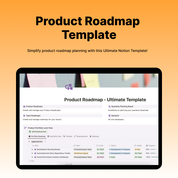 Unlock the power of seamless roadmap management with my new Notion template. Visualize your product portfolio, plan detailed product and team roadmaps, and effortlessly manage dependencies—all in one place.