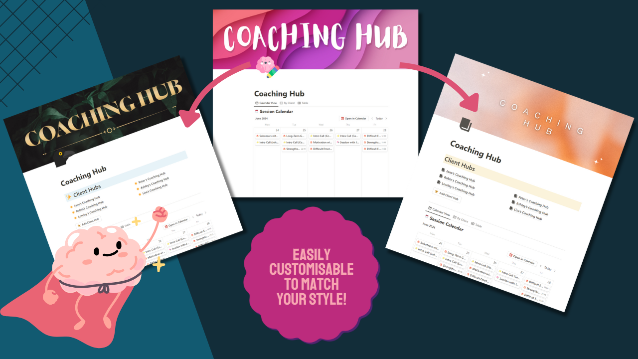 This Notion Template provides a crucial toolbox for coaches who offer executive, ADHD or life coaching!
✨ Save subscription fees on coaching platforms
✨ Track your clients & sessions
✨ Centralise & share client notes, goals, exercises
✨ Make it your own - it's fully customisable