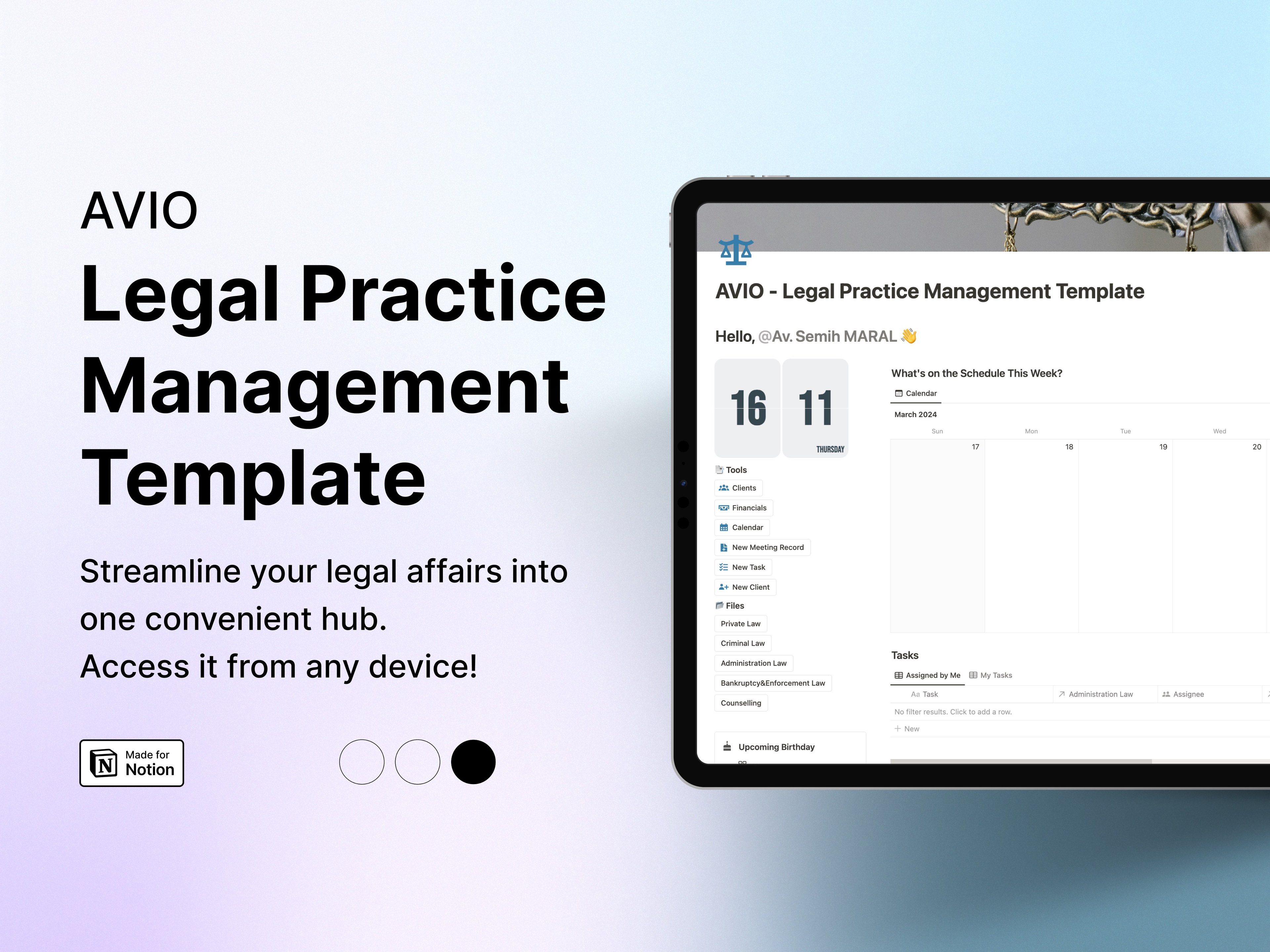 Elevate your legal practice with our Notion template. Streamline client management, track cases, sync calendars, and automate tasks. Explore now!