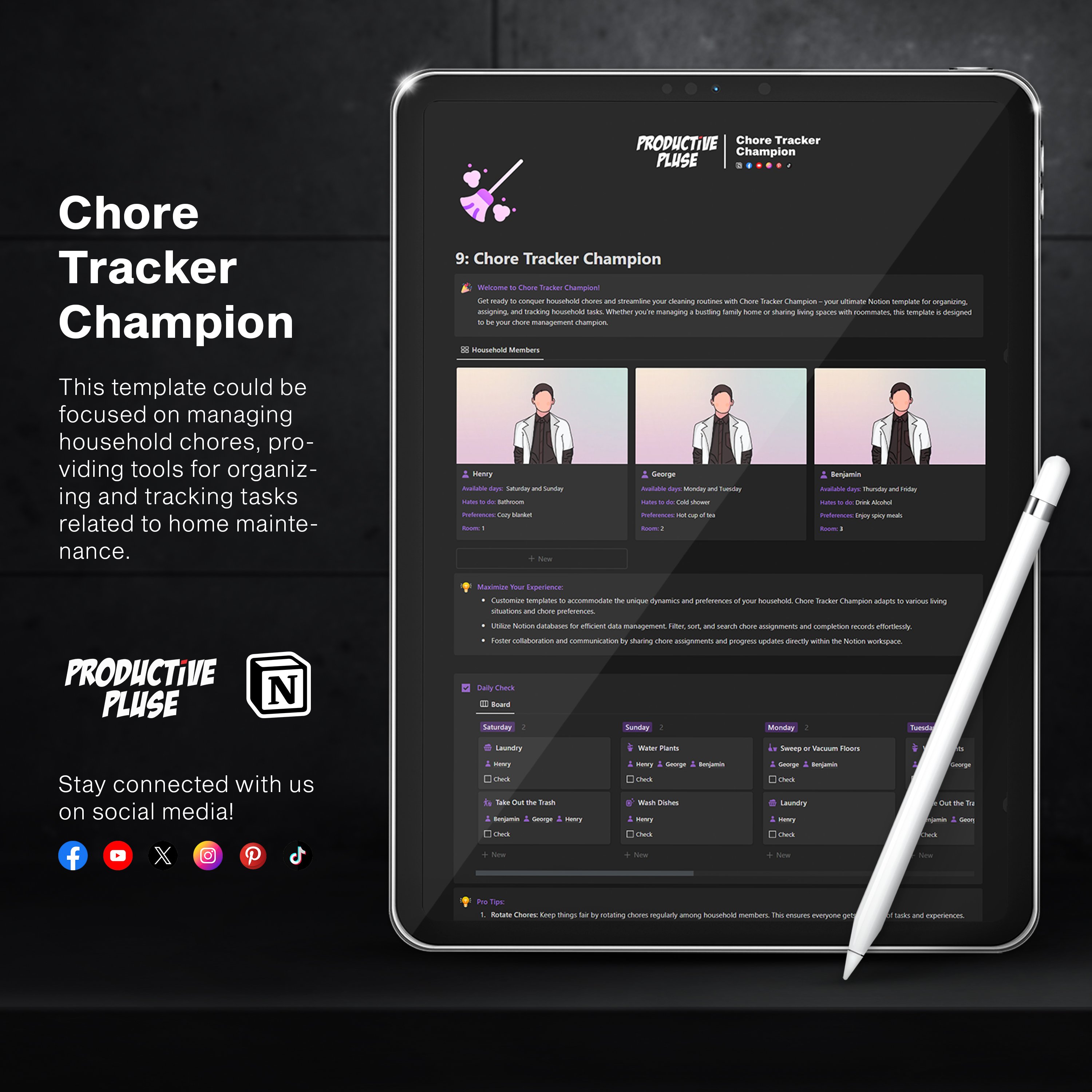 Chore Tracker Champion is a template that is focused on managing household chores and providing tools for organizing and tracking tasks related to home maintenance.