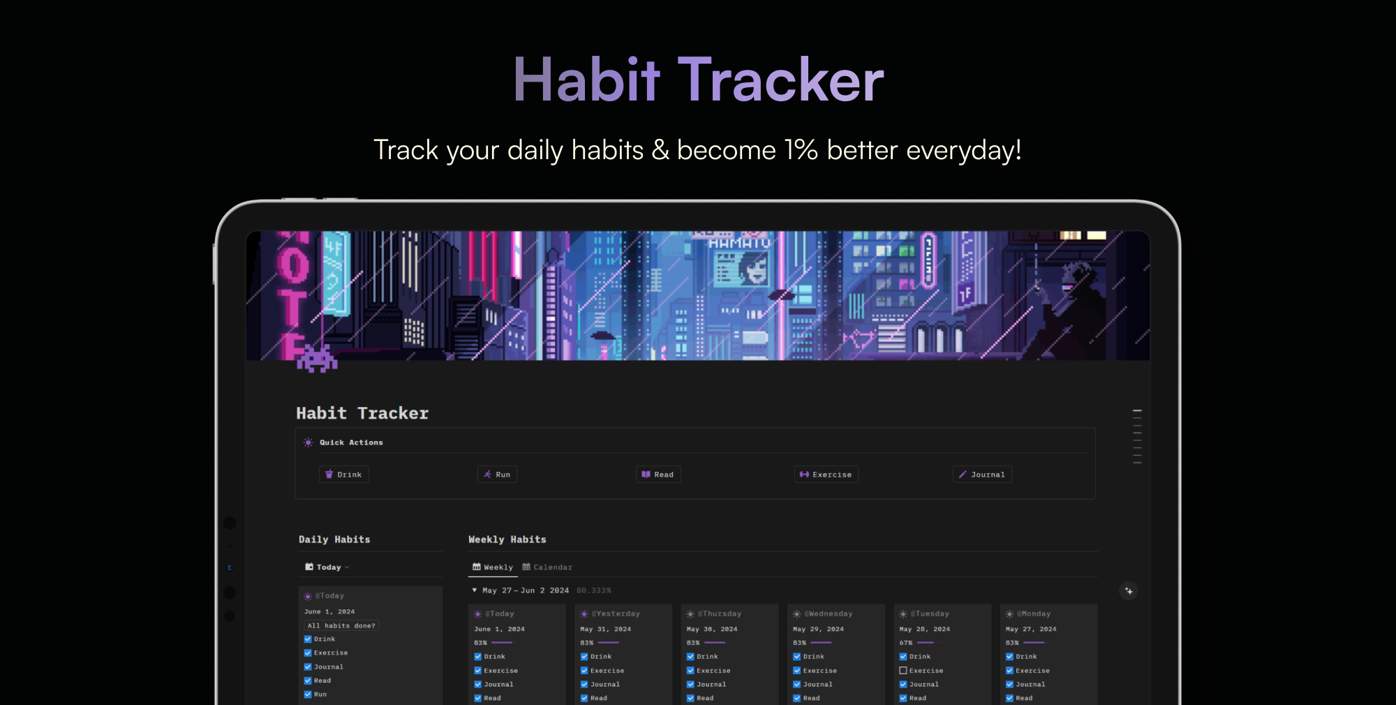 Track Your Daily Habits in Notion

Consistency is the key to success! Track your habits to stay consistent and become 1% better everyday!