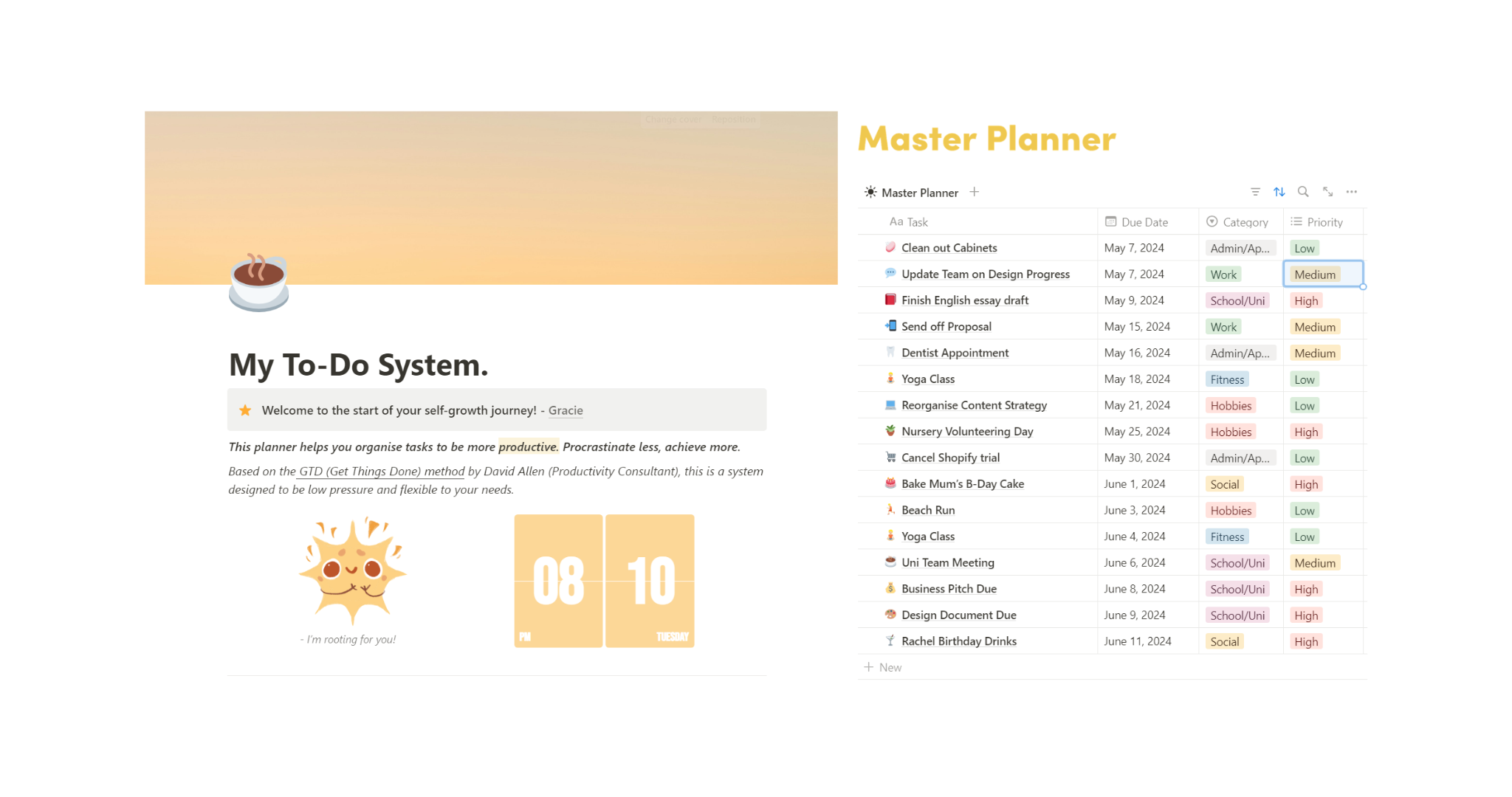 Designed for ultimate flexibility and ease of use, this planner utilises the GTD method to transform chaotic to-do lists into structured (and beautiful!) systems. Wave goodbye to procrastination and HELLO to streamlined organisation with my automated to-do list template.