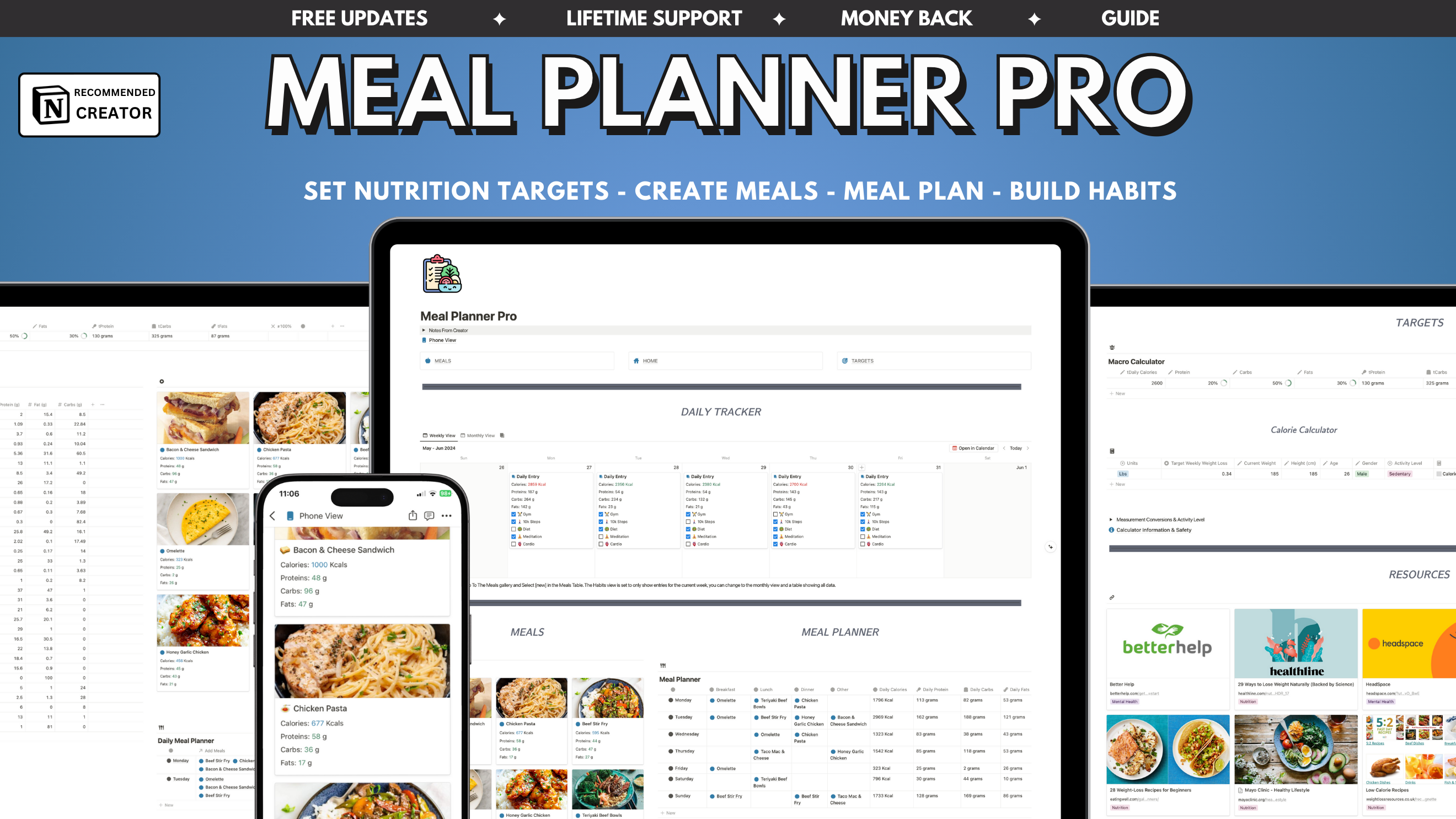 Notion Meal Planner Pro template. Create a database full of meals and be able to track their calories and macro levels. Set your calorie, protein, carbs & fats targets and be able to see what meals align with your goals. Take control of your nutrition and health today.

