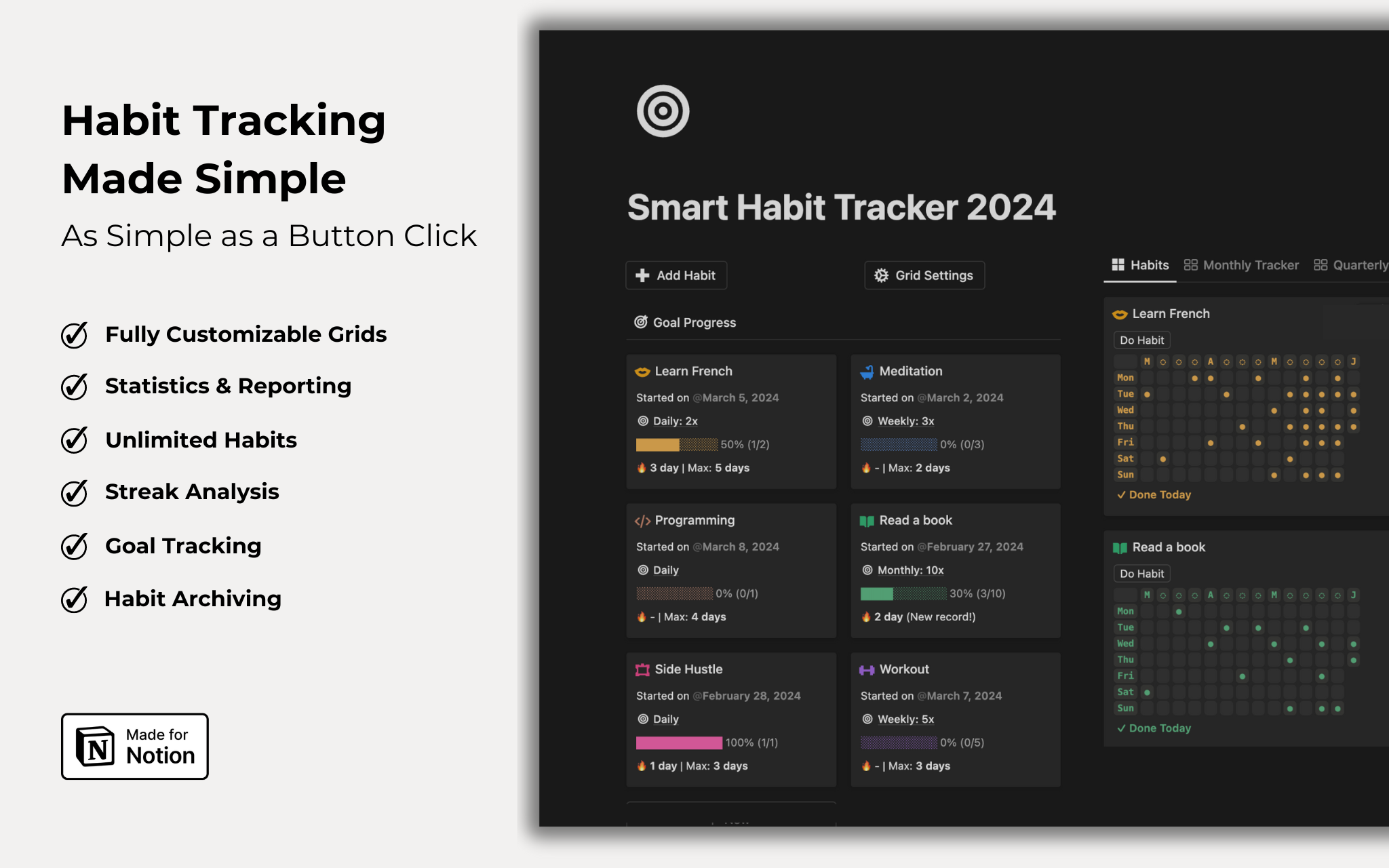 Build better habits with the Ultimate Smart Habit Tracker! One-click logging makes it easy to track daily routines. Customizable grids, motivating streak counts, goal progress updates help you visualize progress and stay on track. Ready to build life-changing habits? Start now! 