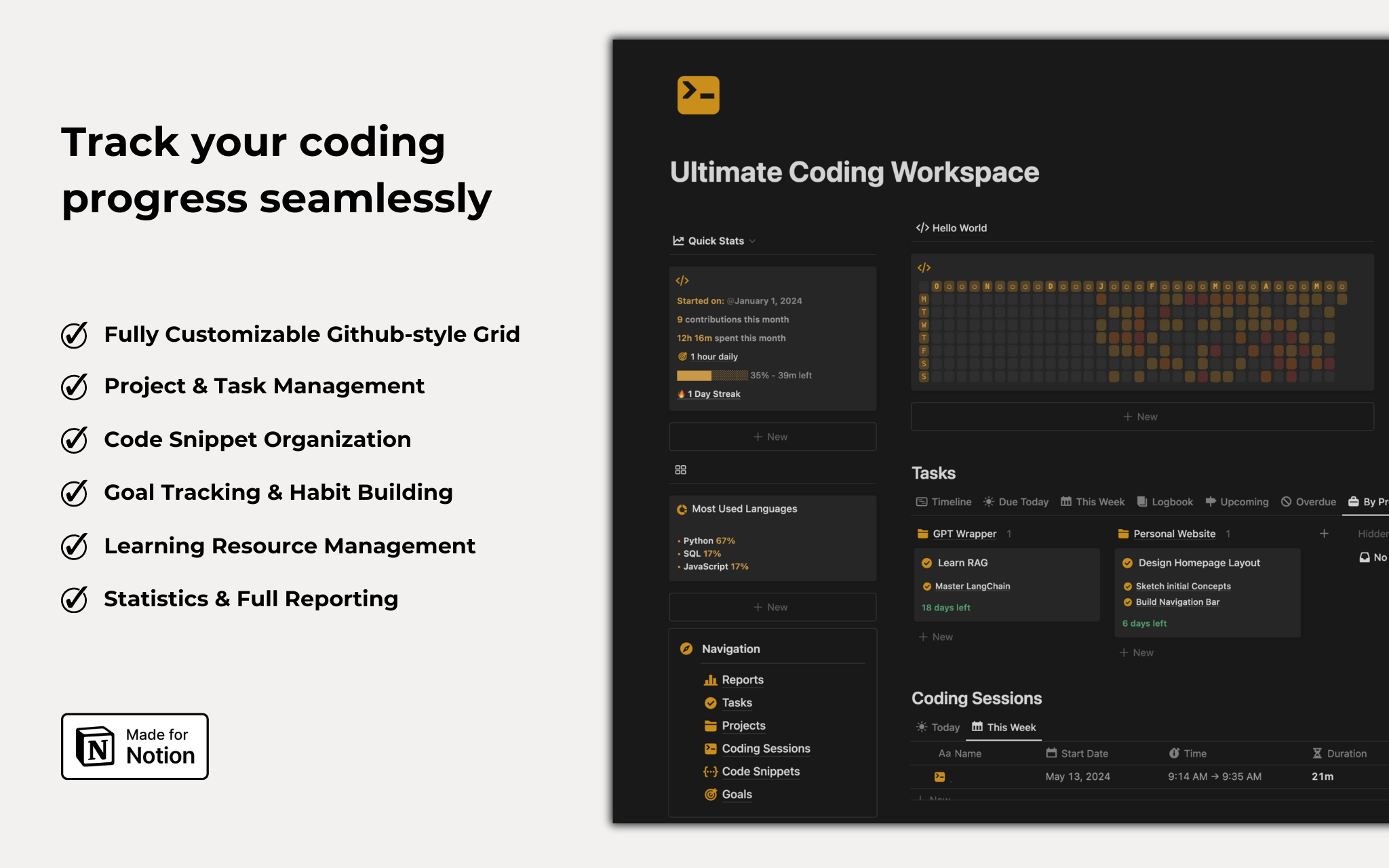 Elevate your coding game to new heights with the Ultimate Notion Workspace - the premier productivity suite optimizing your workflow, insights, and motivation