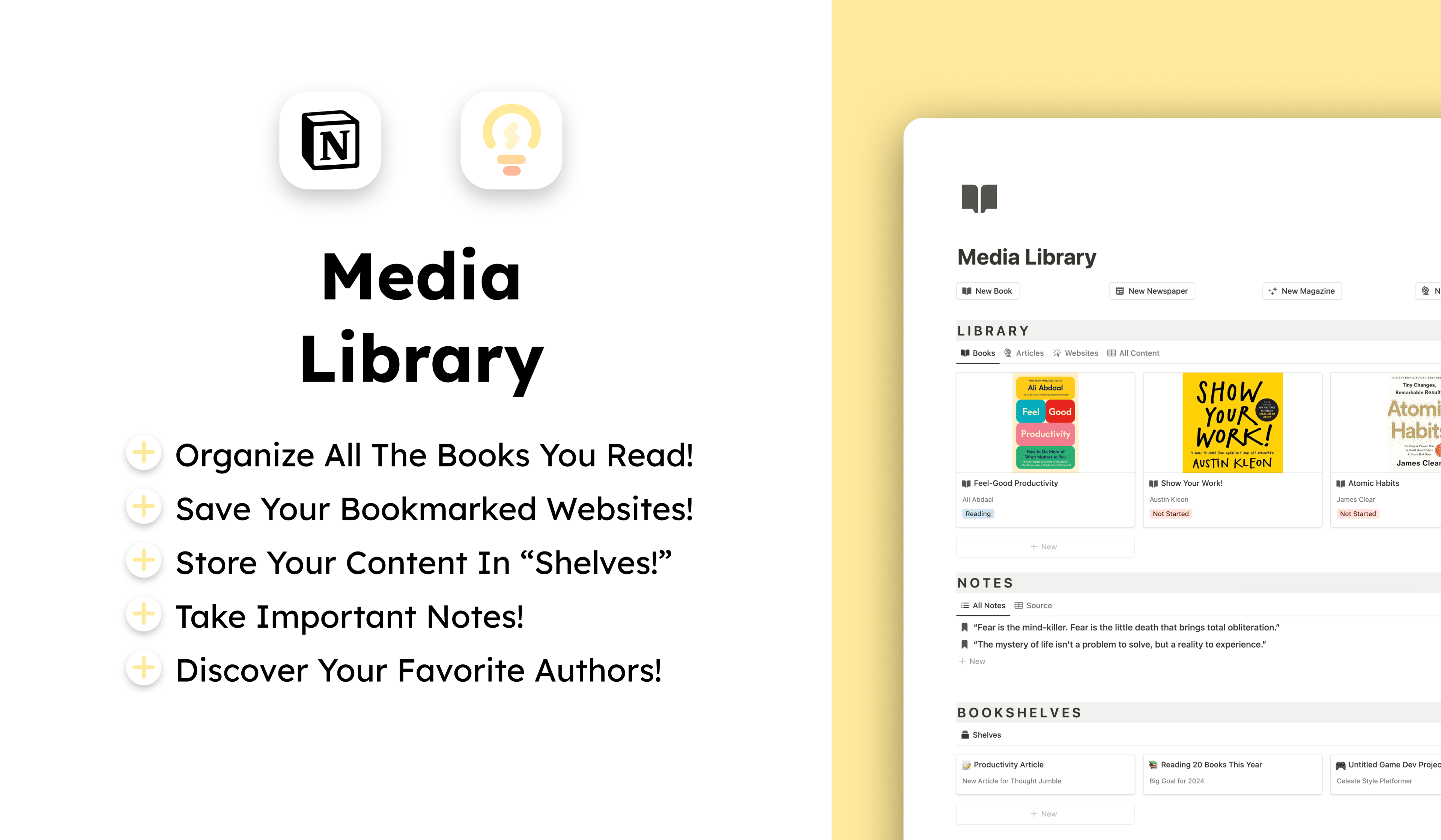 With this template, you can:
⭐️ Organize Your Reading With Ease!
⭐️ Save Bookmarks And Take Notes!
⭐️ Categorize Everything Into 'Shelves!'
⭐️ Discover Your Favorite Authors!