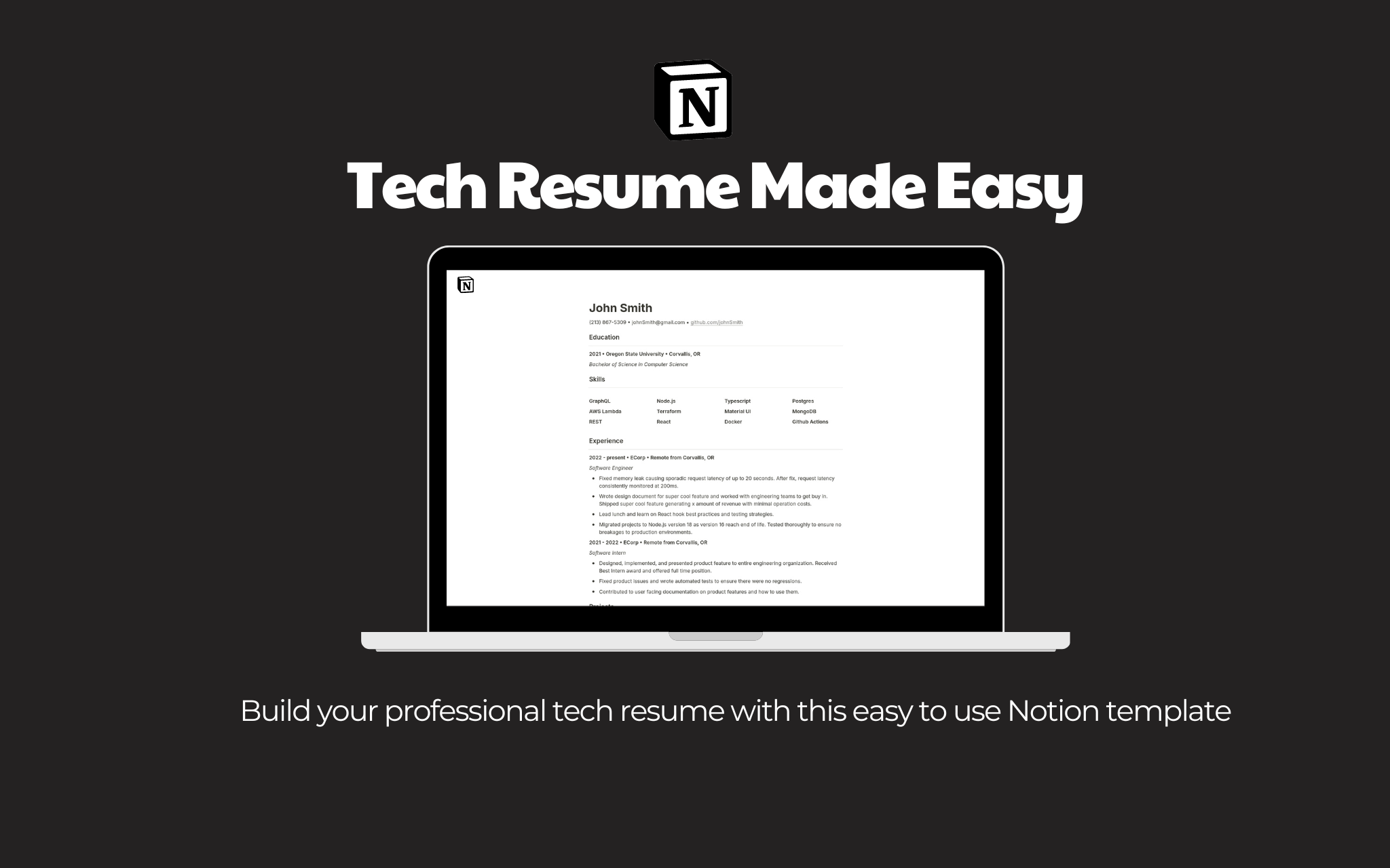 A professional Notion resume template to help you land your next job in tech!