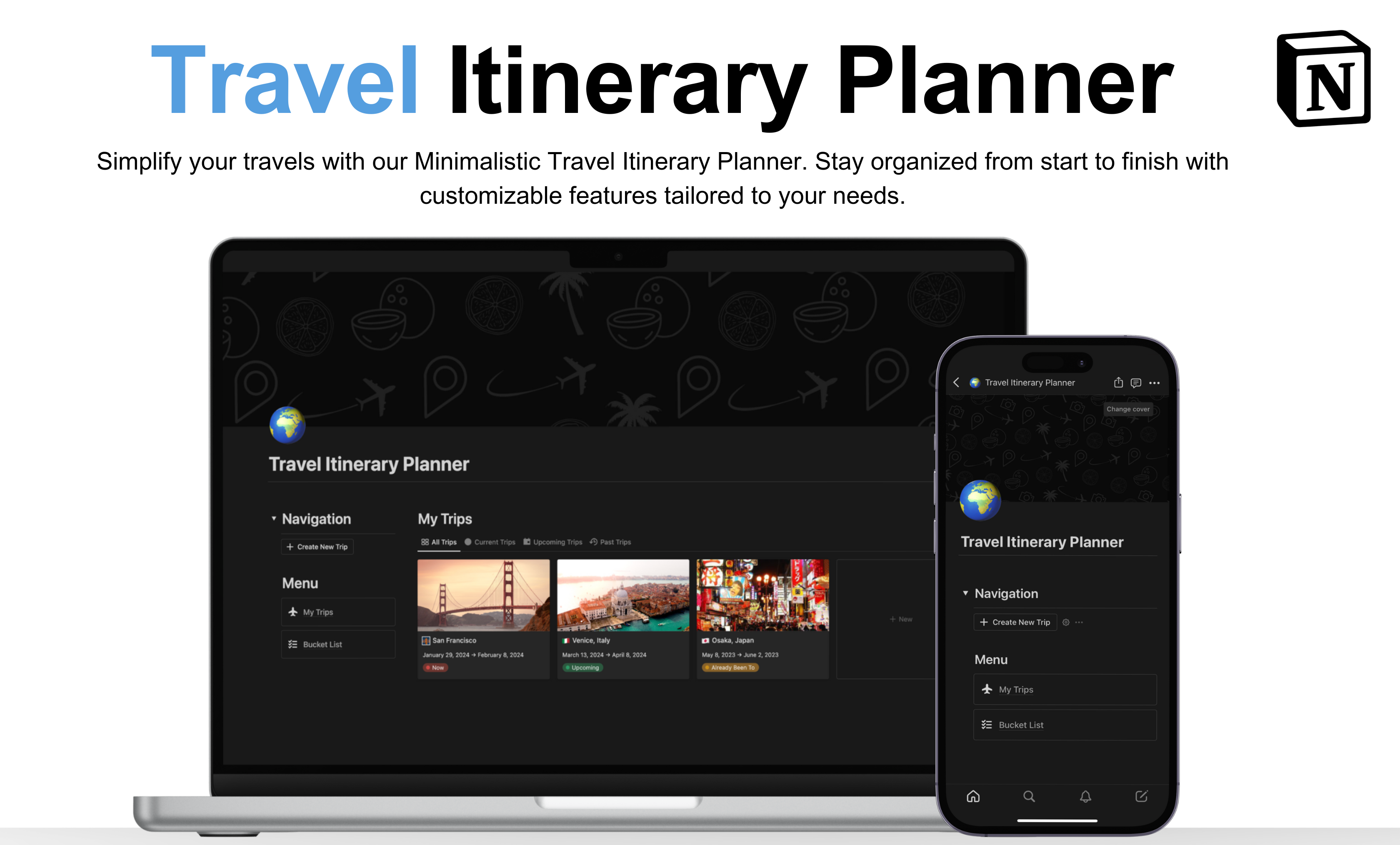 Plan your next adventure effortlessly with the Travel Itinerary Planner! With features like mobile friendly design, customizable templates, packing lists, accommodation info, day planners, and more, it's your ultimate travel planning tool. Start boosting your travels today!