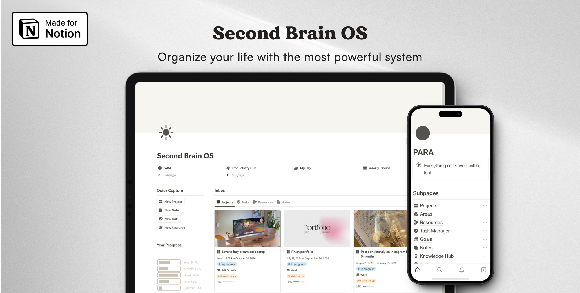 Notion Second Brain is an all-in-one tool that lets you capture & organize notes, tasks, projects & resources in an instant!
