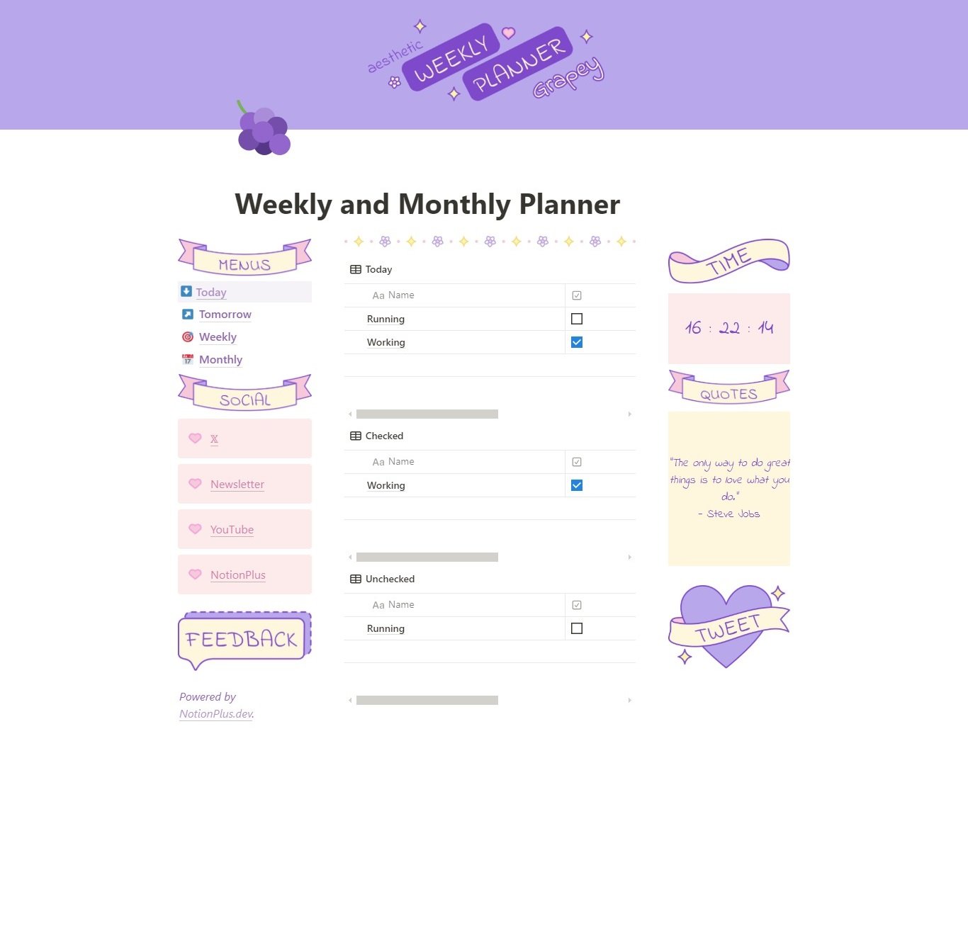 Specially designed for those looking for an aesthetic weekly and monthly planner. Notion widgets: Notion digital clock widget, Notion quotes widget and Notion clickable image widgets.