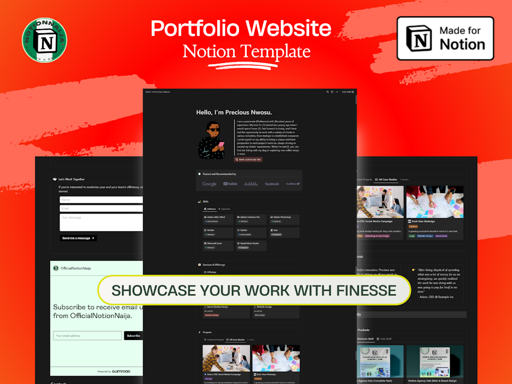 Establish your portfolio using Notion to effectively present and emphasize your projects, skills, and accomplishments to prospective clients, customers, or employers.