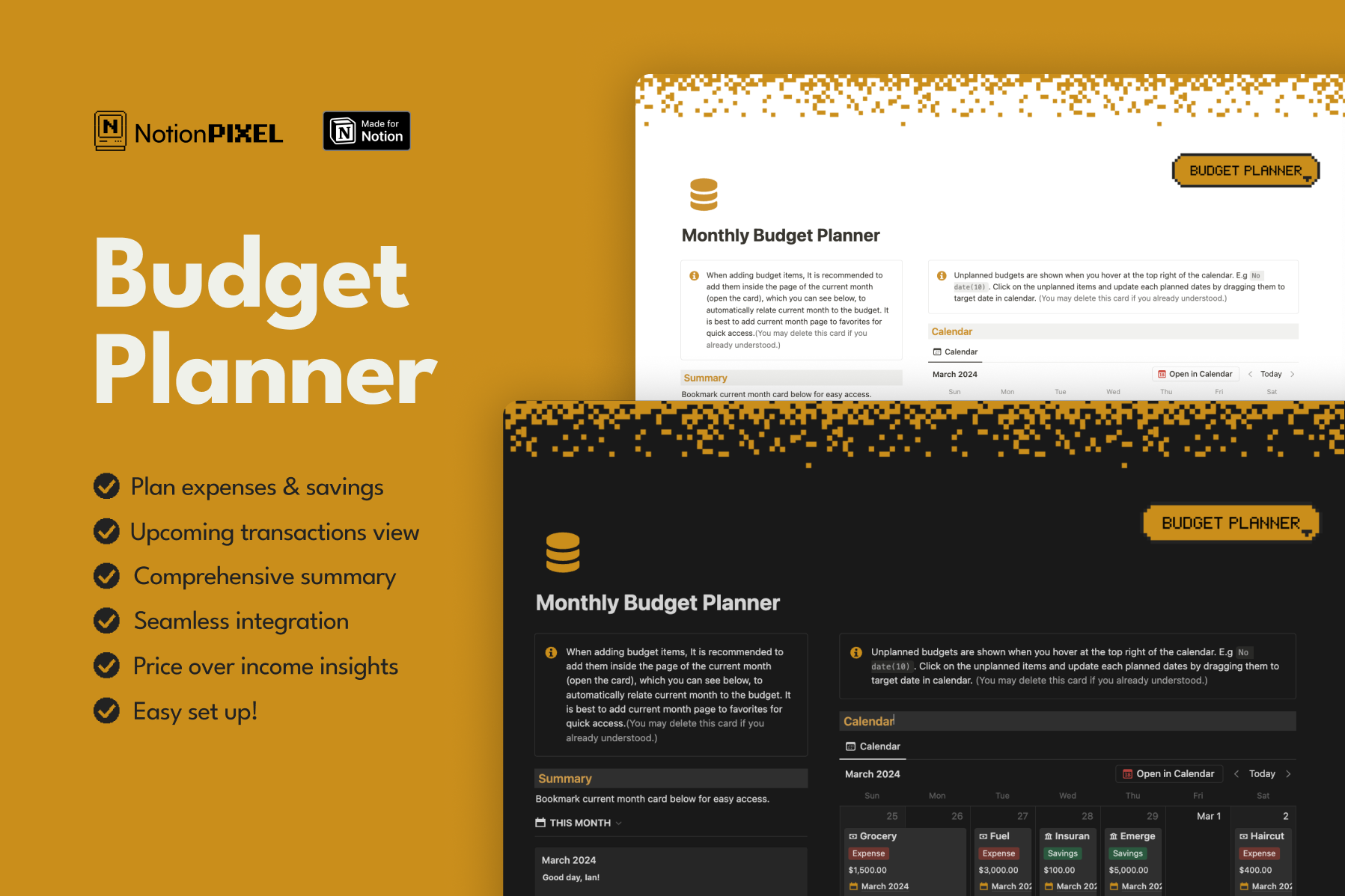Effortlessly manage your monthly finances with Budget Planner, a Notion template designed to streamline your budgeting process.