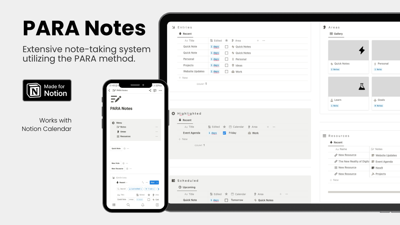 The PARA Notes Notion Template is an extensive note-taking system.  It's based on Tiago Forte's PARA method, designed to help you sort your notes, resources, bookmarks, and files into Projects, Areas, Resources, and Archives.