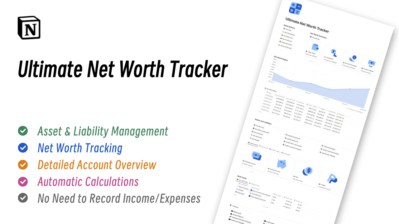 This template is designed to streamline asset and liability management. It provides a holistic view of your financial situation, keeping you informed of your net worth without constantly recording income and expenses, which is hard to maintain.
