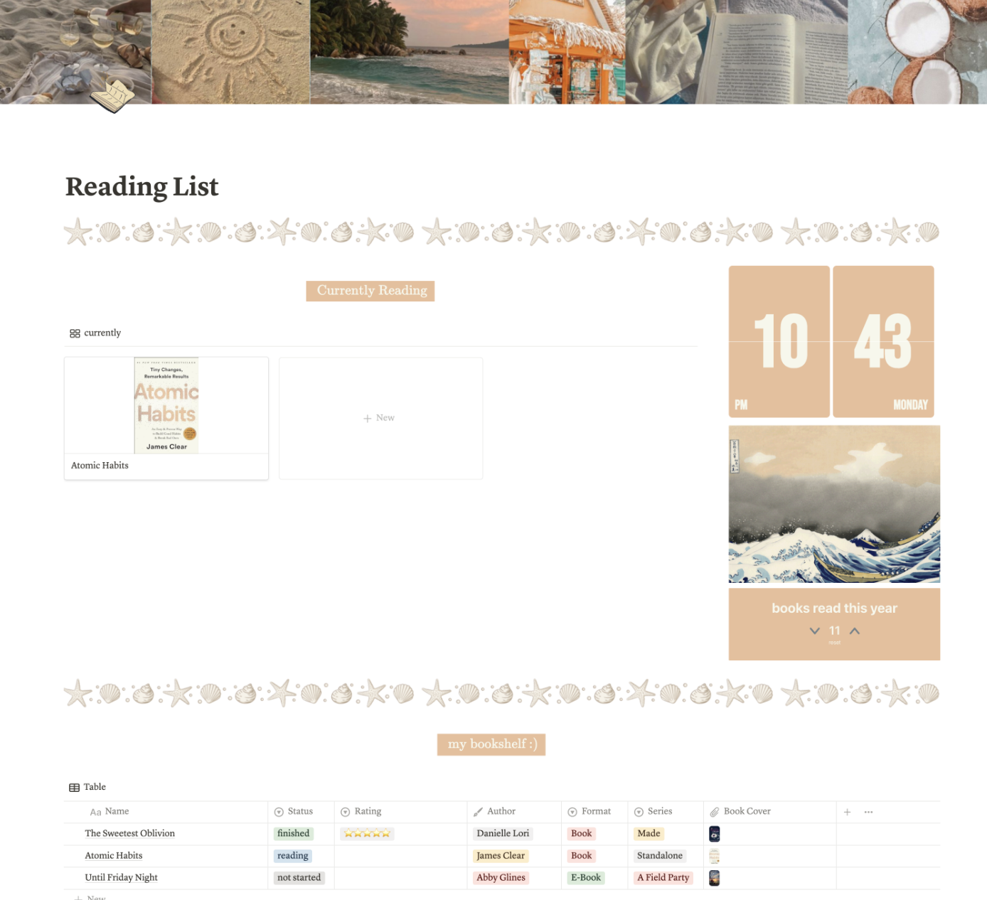 Check out this aesthetic, beachy notion dashboard for all your common needs. Weekly planner and templates included, and more pages can be added -- lots of different color tones to play with! You'll get a weekly planner, 75 hard dashboard, meal planner, book tracker + more!