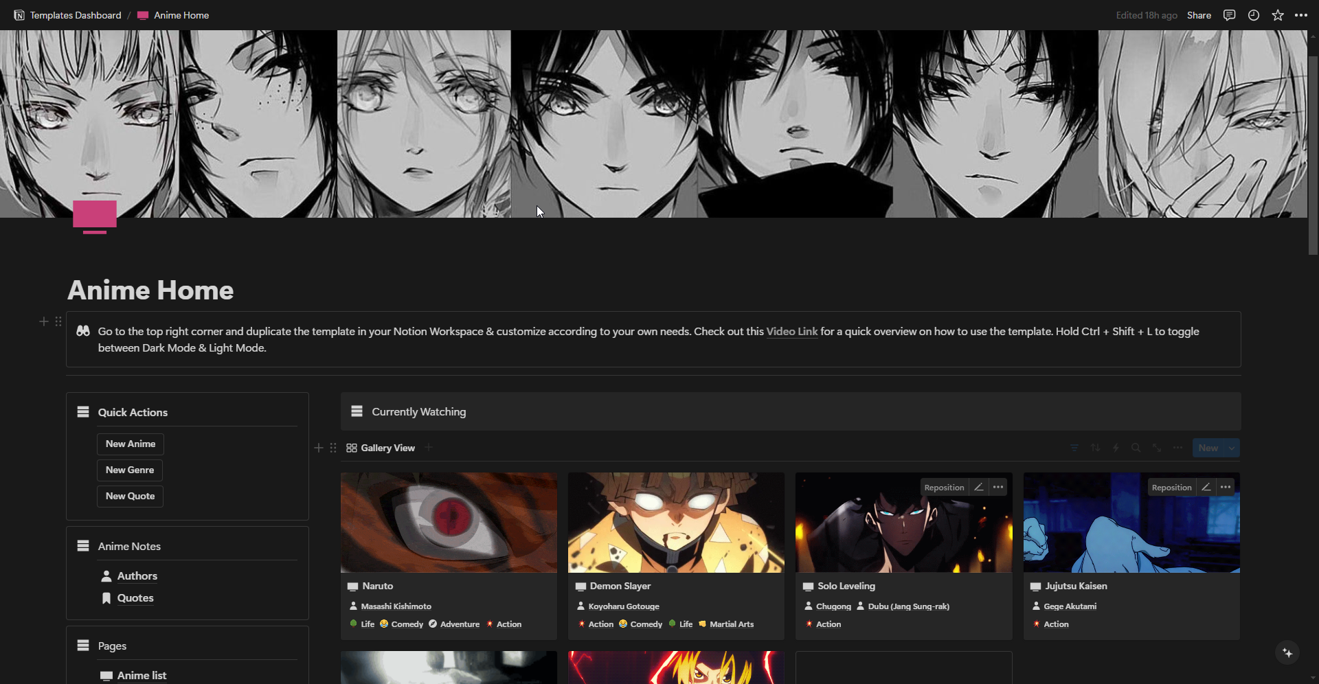 Welcome to your new Anime Home – the one-stop Notion template that turns your anime tracking into an art form! Whether you're a casual viewer or a die-hard otaku, this dashboard is designed to make managing your anime life both organized and fun.